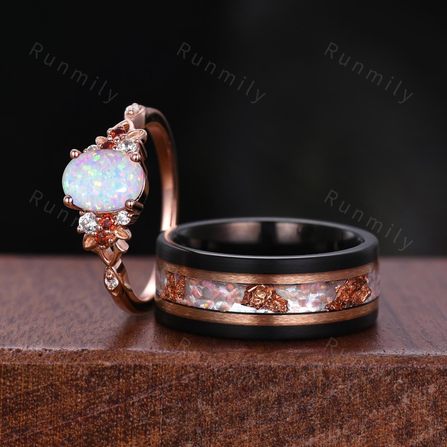 Vintage Oval Opal Couples Ring Rose Gold Matching Ring Set His and Hers Wedding Band Mens Opal Ring October Birthstone Couple Promise Ring