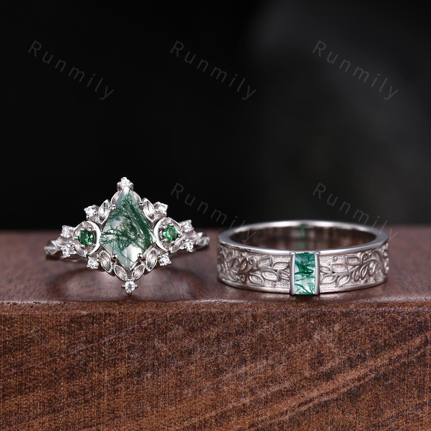 Antique Natural Moss Agate Couples Ring Set Leaf Style Promise Ring For Men For Women Vintage His and Hers Wedding Band Mens Baguette Ring