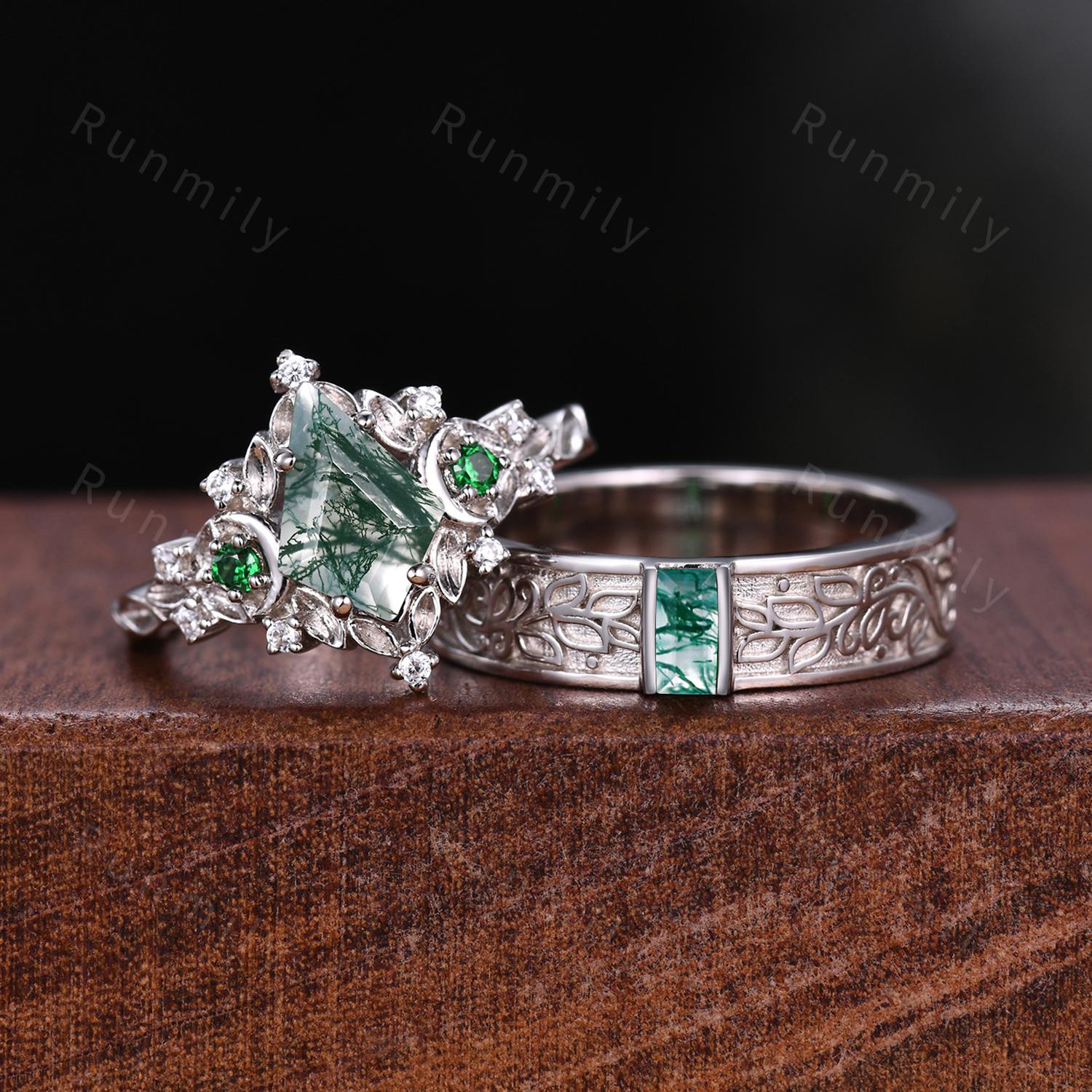 Antique Natural Moss Agate Couples Ring Set Leaf Style Promise Ring For Men For Women Vintage His and Hers Wedding Band Mens Baguette Ring