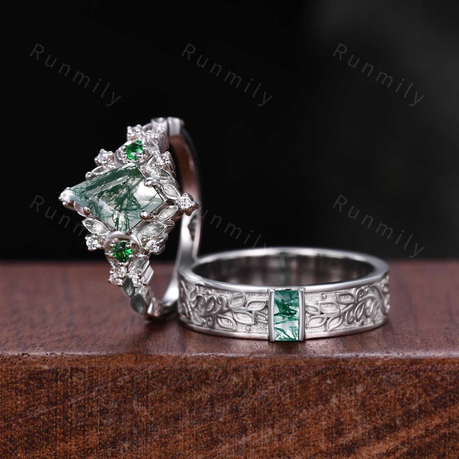 Antique Natural Moss Agate Couples Ring Set Leaf Style Promise Ring For Men For Women Vintage His and Hers Wedding Band Mens Baguette Ring