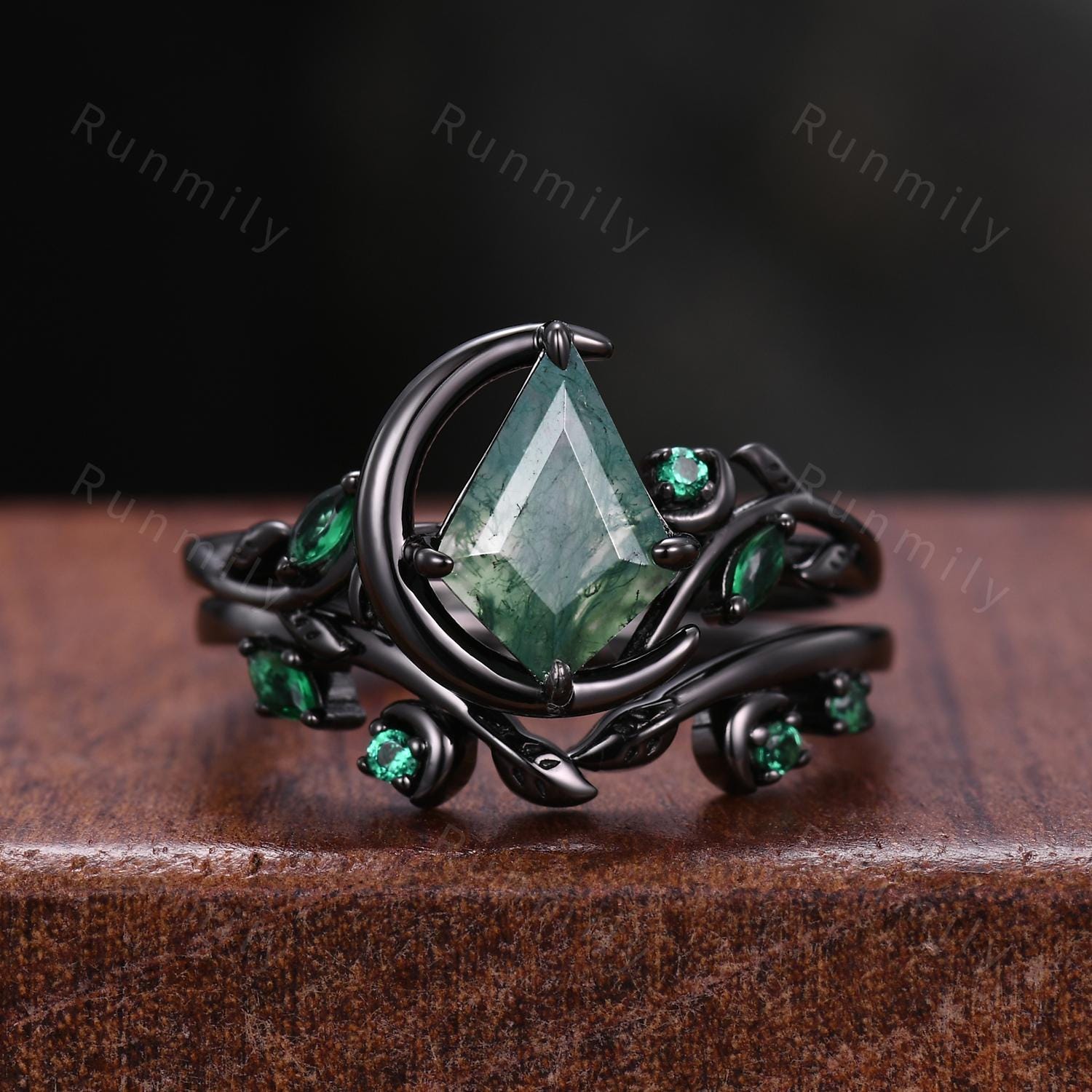 Crescent moon blue sandstone couples ring set gothic black gold His and Hers wedding band unique emerald cluster ring Mens tungsten ring