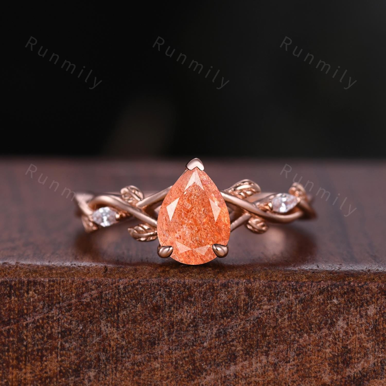 Vintage Pear Shaped Sunstone Engagement Ring Set Rose Gold Twig Vine Emerald Curved Band Nature Inspired Bridal Promise Ring Orange Stone