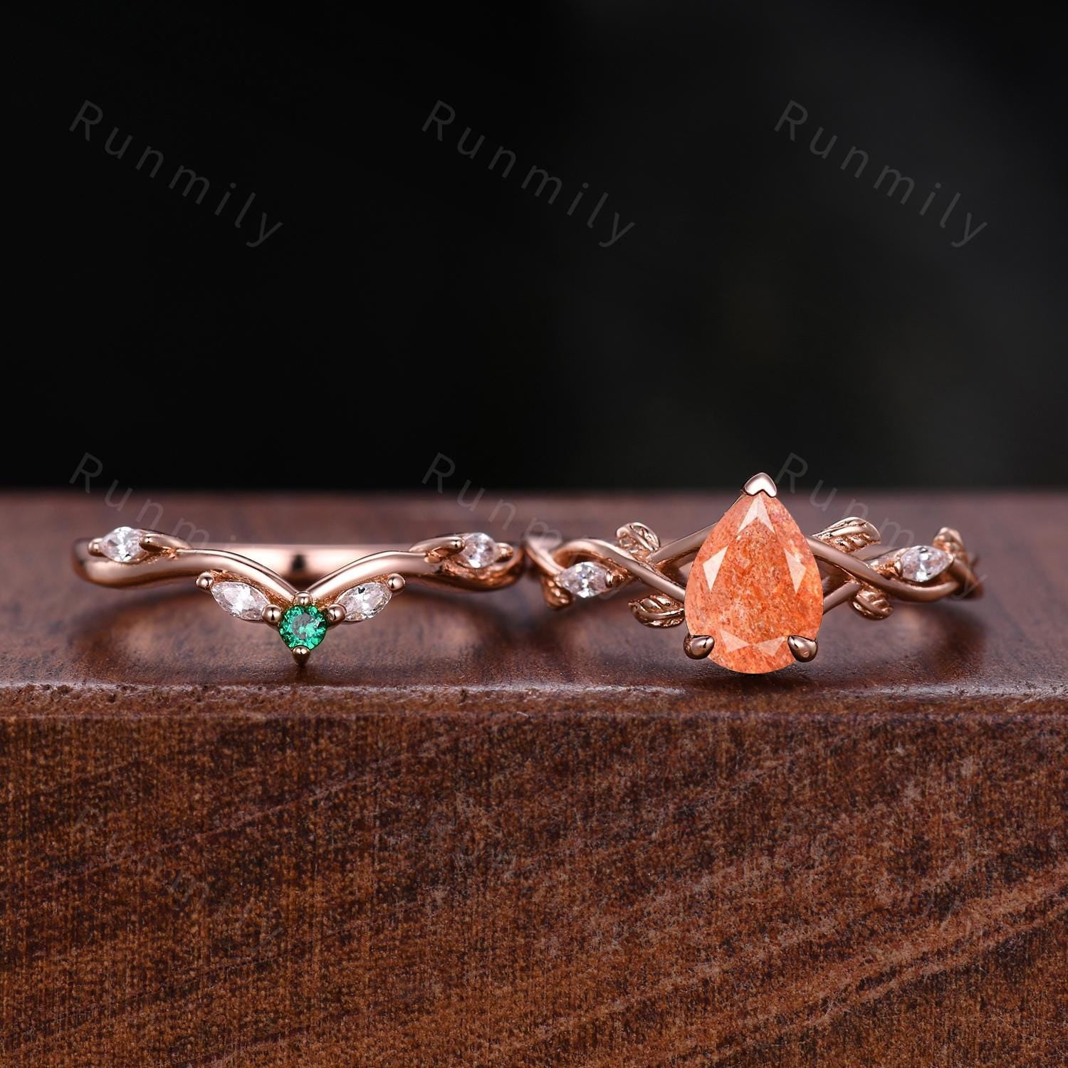 Vintage Pear Shaped Sunstone Engagement Ring Set Rose Gold Twig Vine Emerald Curved Band Nature Inspired Bridal Promise Ring Orange Stone