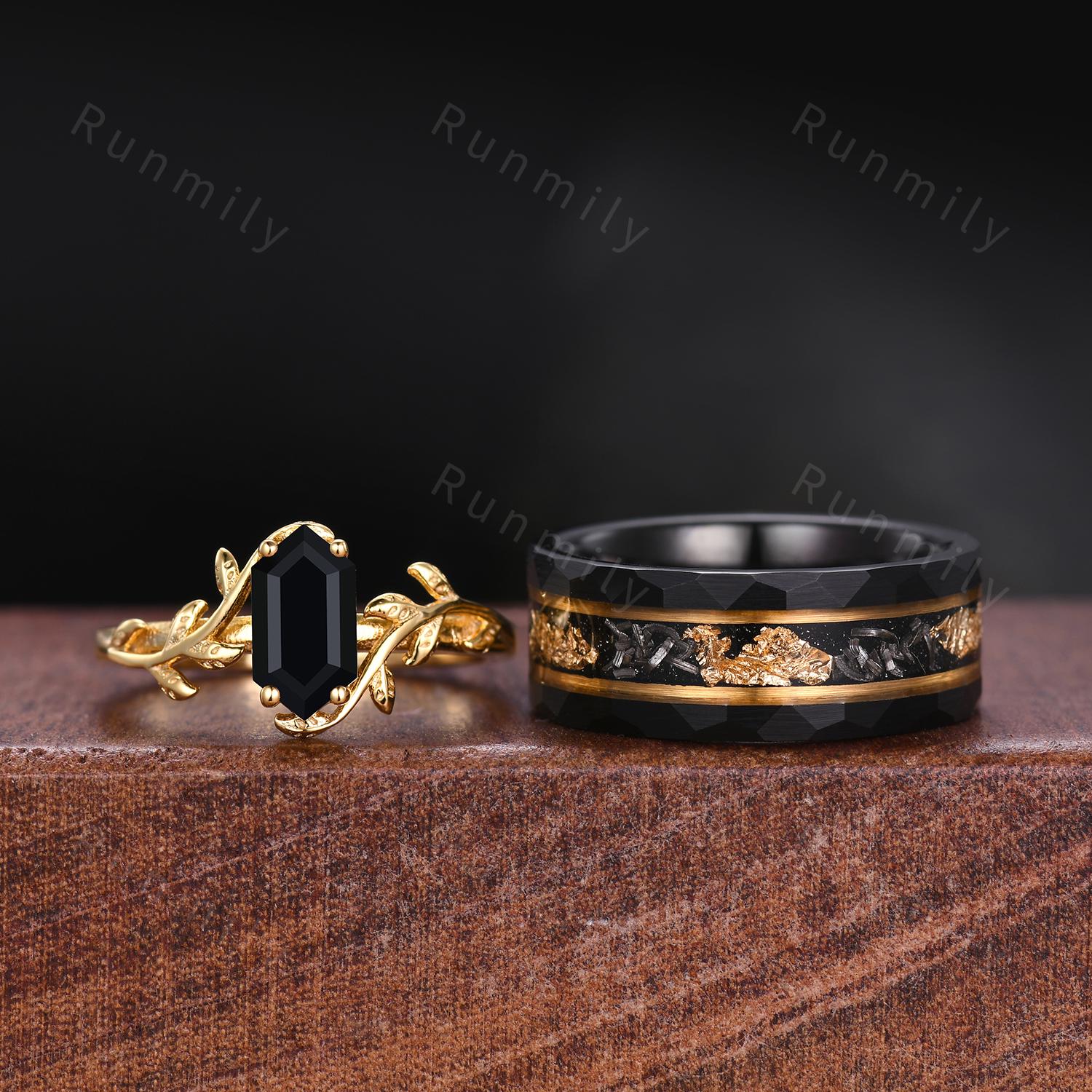 2PCS Black Onyx Couples Ring Set Yellow Gold Matching His and Hers Wedding Band Mens Meteorite Gold Leaf Ring Natural Black Gemstone Ring