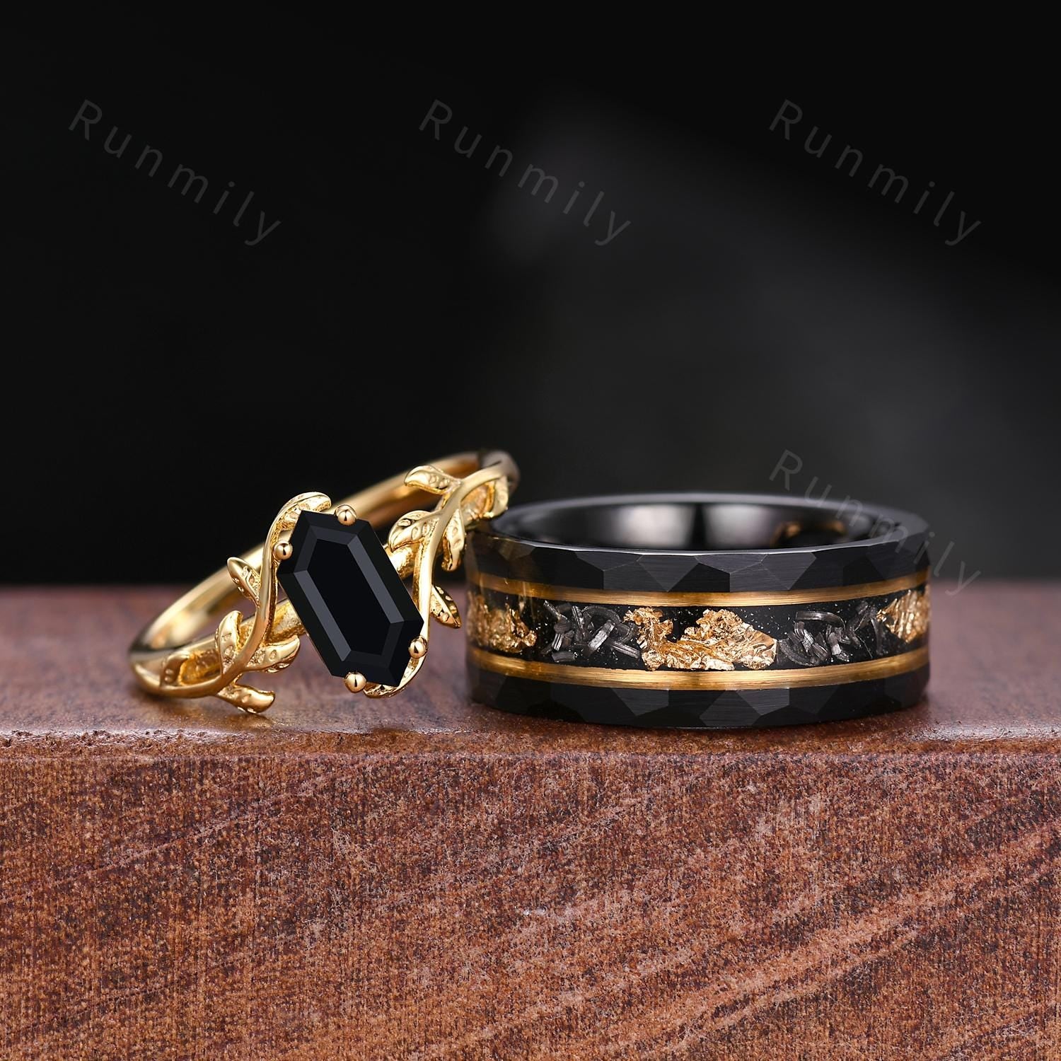2PCS Black Onyx Couples Ring Set Yellow Gold Matching His and Hers Wedding Band Mens Meteorite Gold Leaf Ring Natural Black Gemstone Ring