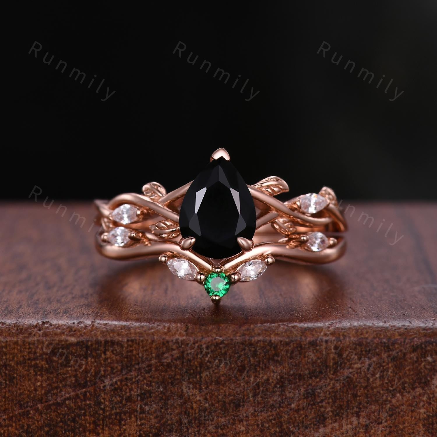 Nature Inspired Pear Shaped Black Onyx Engagement Ring Set 1.25ct Twig Branch Vine Diamond Wedding Band Unique Bridal Promise Ring Set