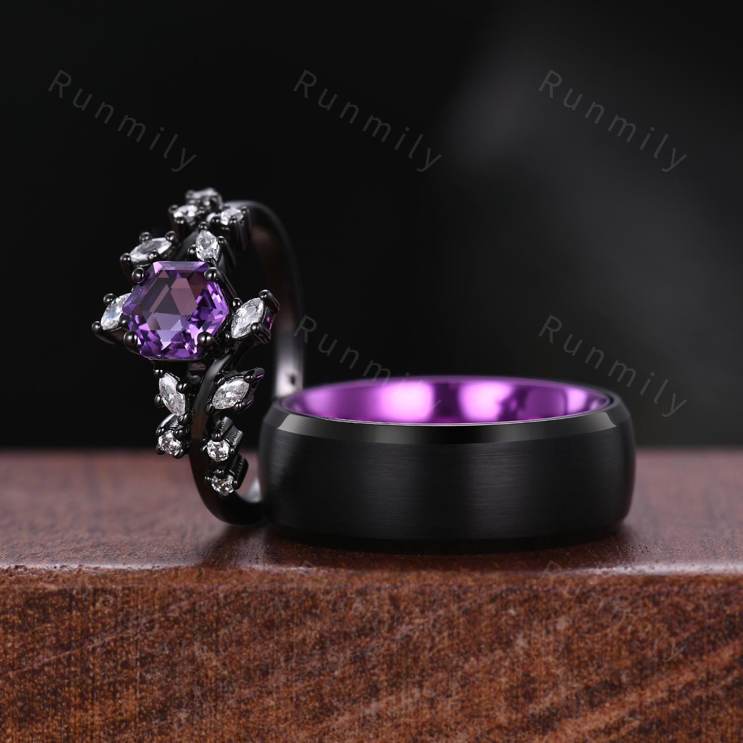 Unique Amethyst Couples Ring Gothic Black Gold His And Hers Wedding Band Purple Matching Ring Set Mens Promise Ring Nature Inspired Ring