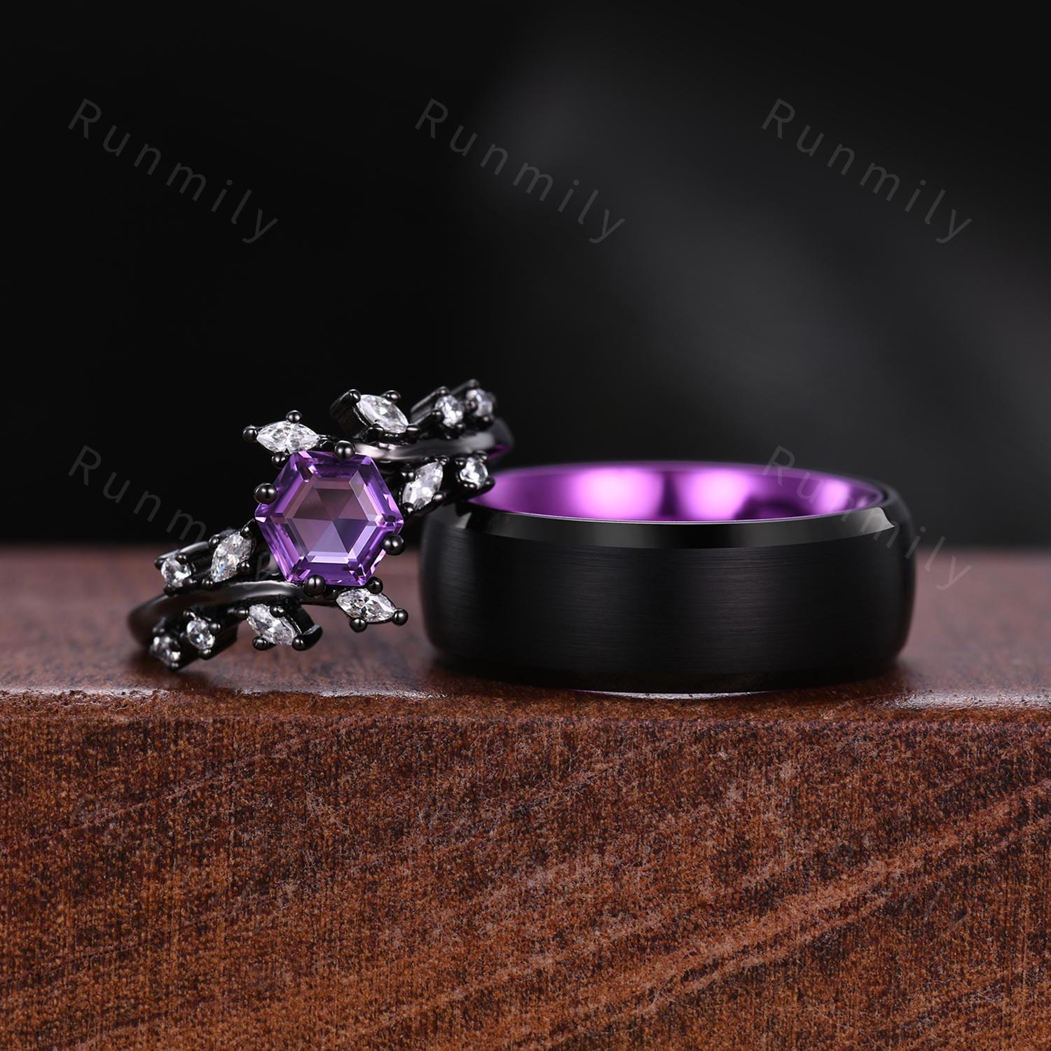 Unique Amethyst Couples Ring Gothic Black Gold His And Hers Wedding Band Purple Matching Ring Set Mens Promise Ring Nature Inspired Ring