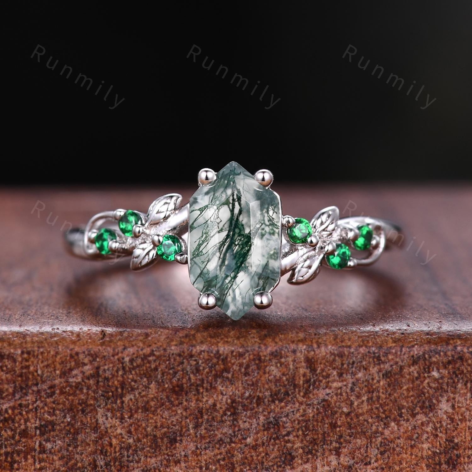 Natural Moss Agate & Emerald Couples Ring Sterling Silver His and Hers Wedding Band Mens Baguette Cut Ring Matching Couple Promise Ring Set