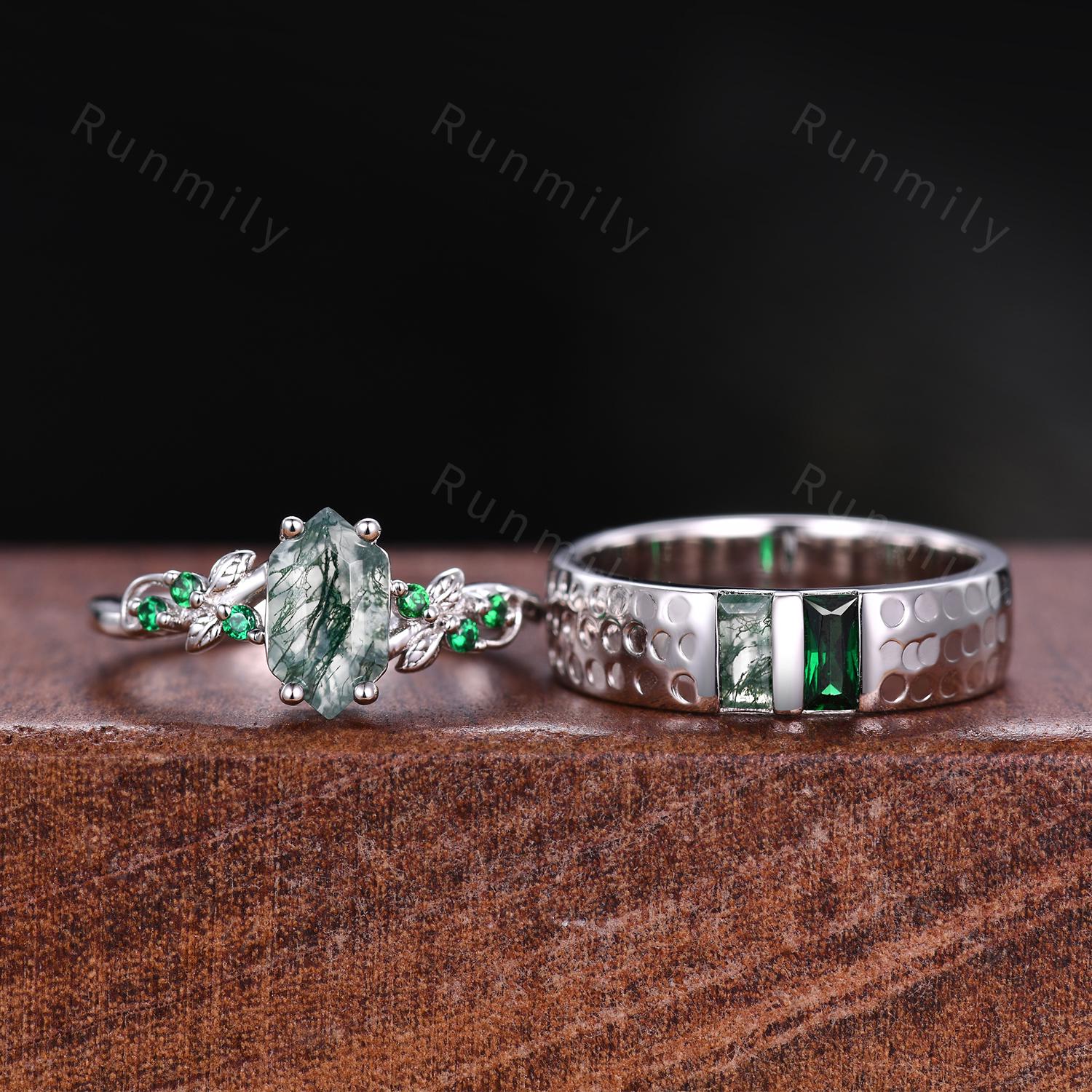 Natural Moss Agate & Emerald Couples Ring Sterling Silver His and Hers Wedding Band Mens Baguette Cut Ring Matching Couple Promise Ring Set