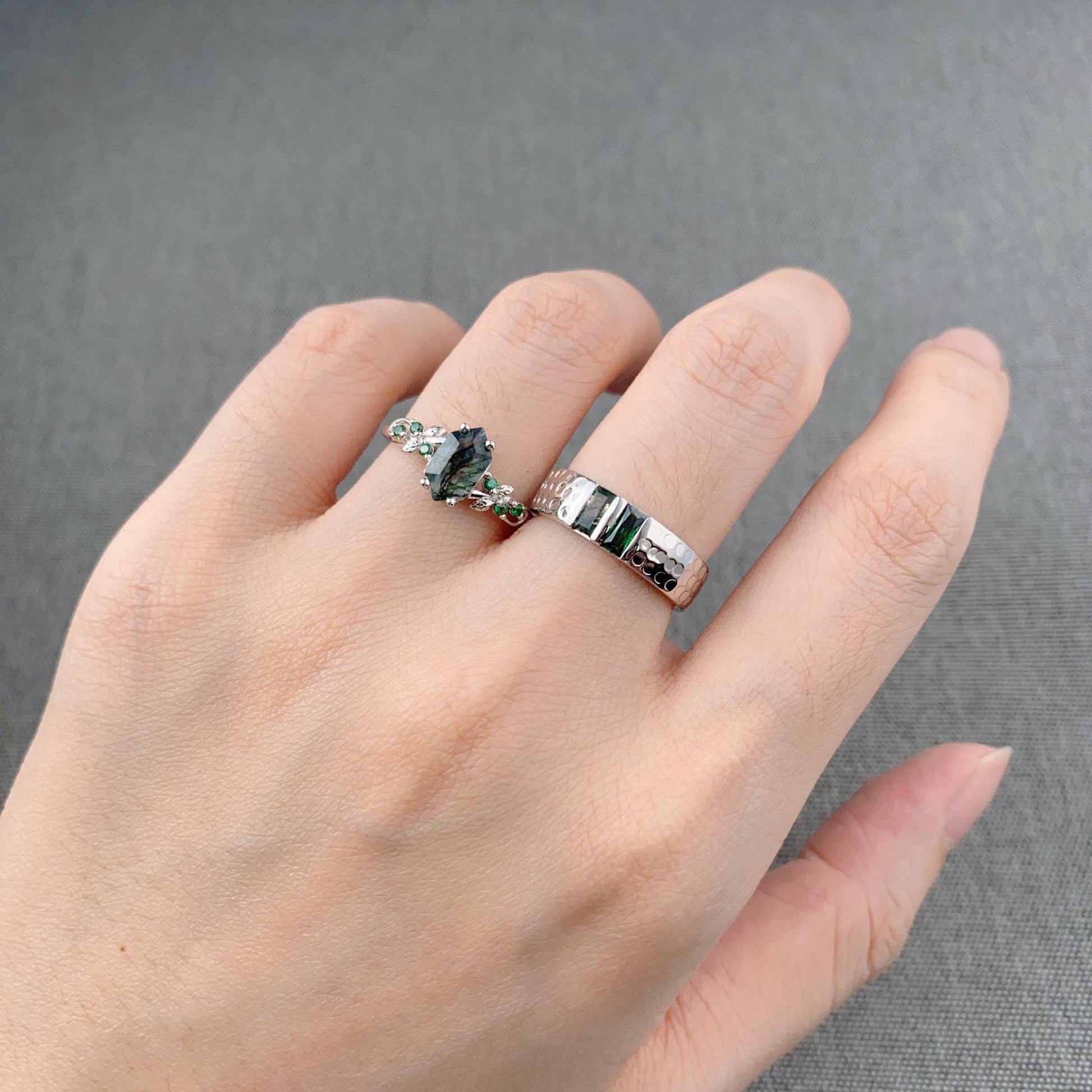 Natural Moss Agate & Emerald Couples Ring Sterling Silver His and Hers Wedding Band Mens Baguette Cut Ring Matching Couple Promise Ring Set