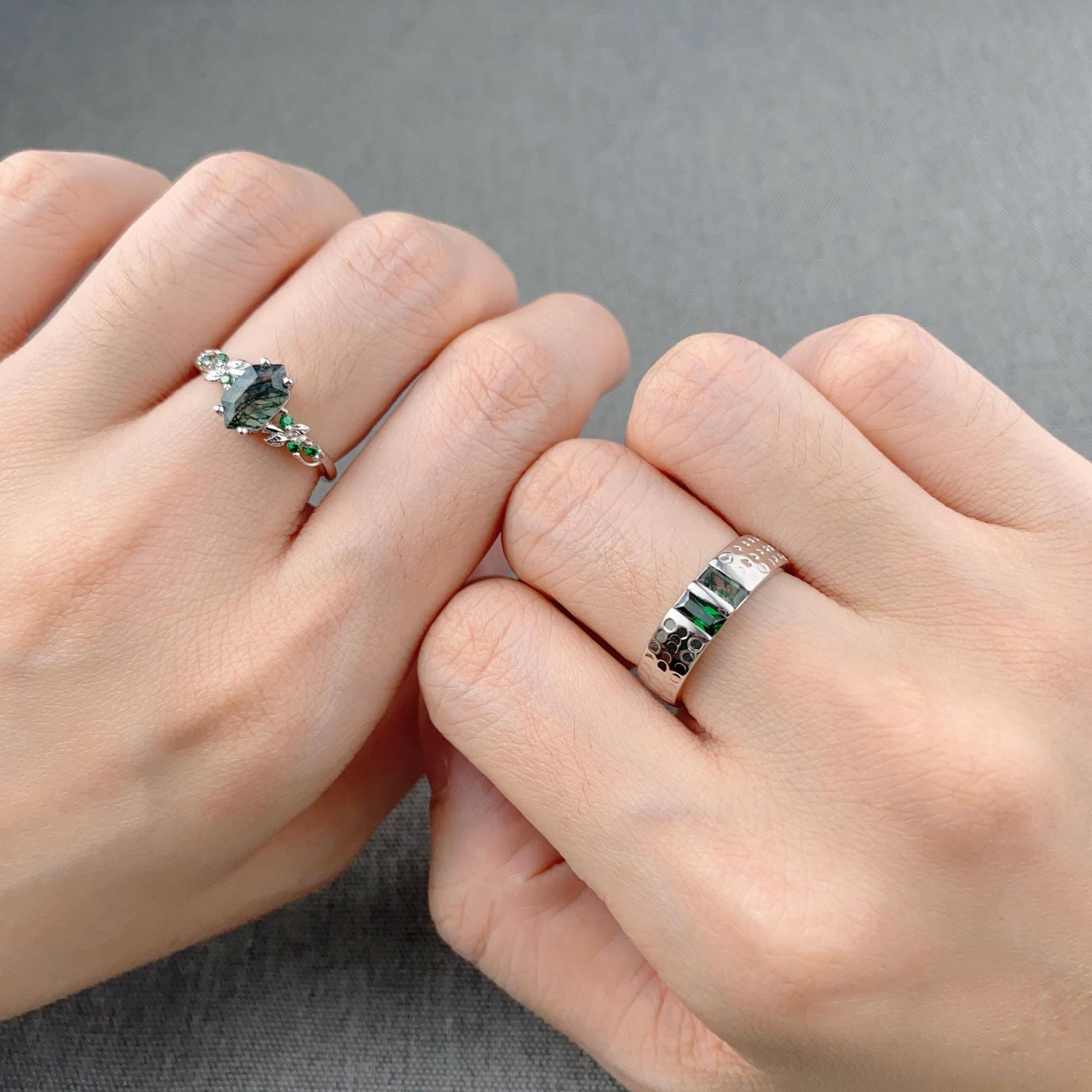 Natural Moss Agate & Emerald Couples Ring Sterling Silver His and Hers Wedding Band Mens Baguette Cut Ring Matching Couple Promise Ring Set