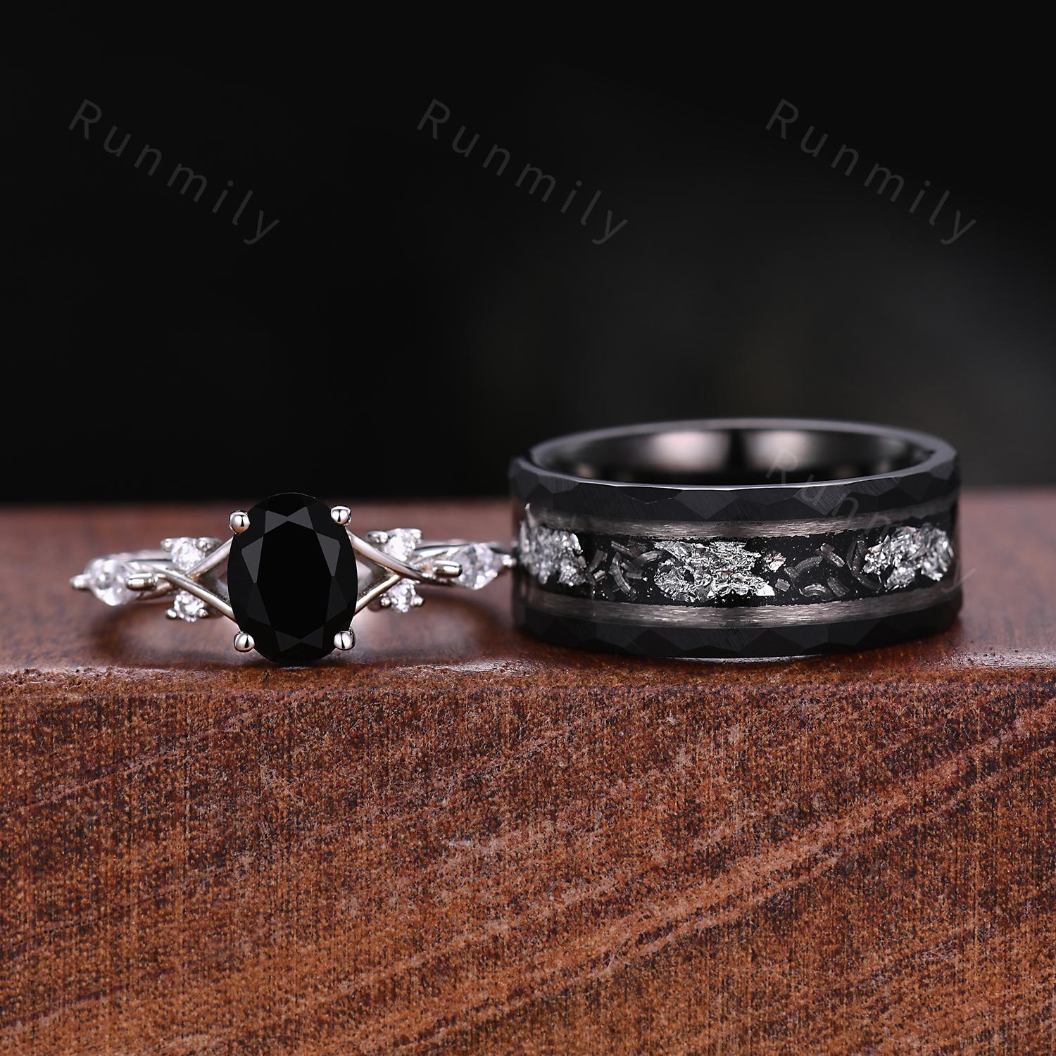 Oval Cut Black Onyx Couples Ring Set Silver Unique His And Hers Wedding Band Mens Meteorite Tungsten Ring Black Gemstone Promise Rings