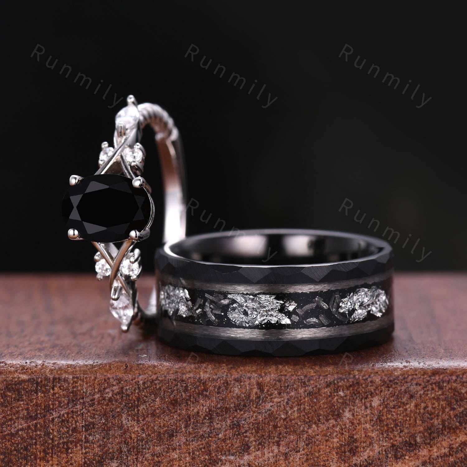 Oval Cut Black Onyx Couples Ring Set Silver Unique His And Hers Wedding Band Mens Meteorite Tungsten Ring Black Gemstone Promise Rings