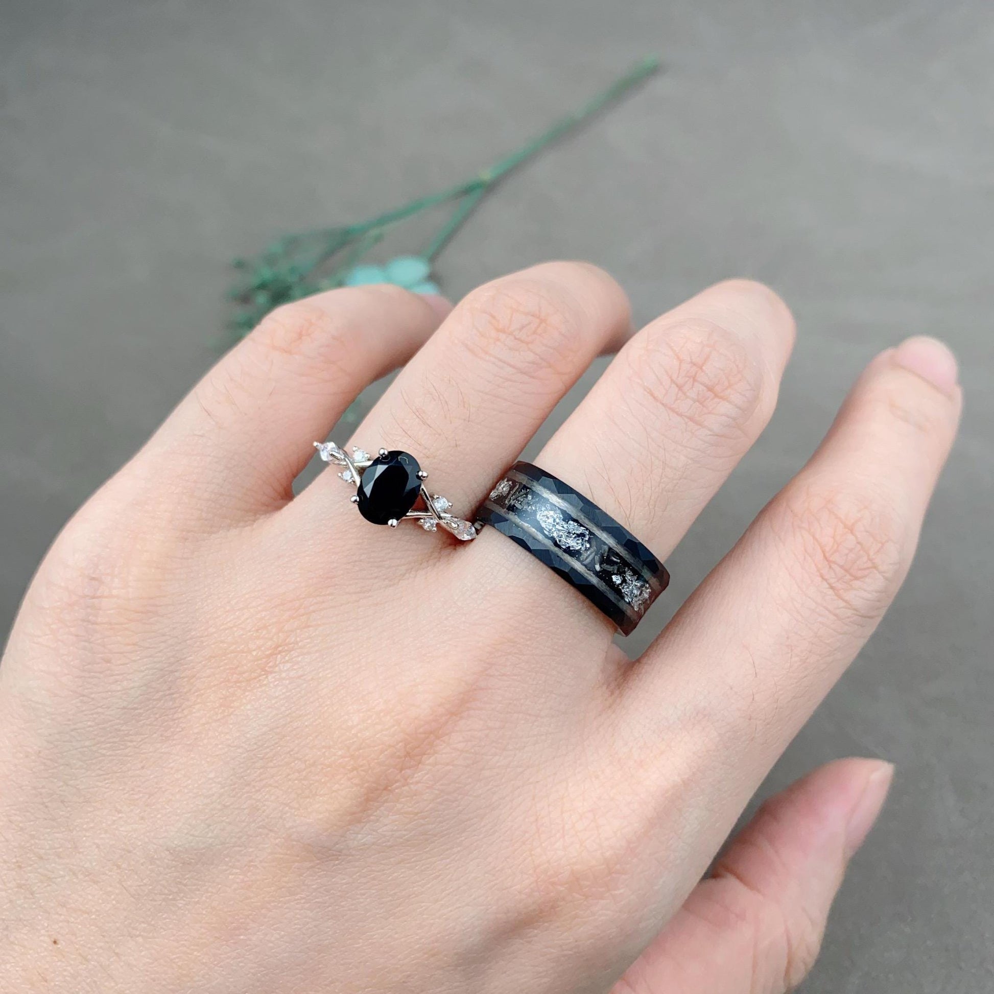 Oval Cut Black Onyx Couples Ring Set Silver Unique His And Hers Wedding Band Mens Meteorite Tungsten Ring Black Gemstone Promise Rings