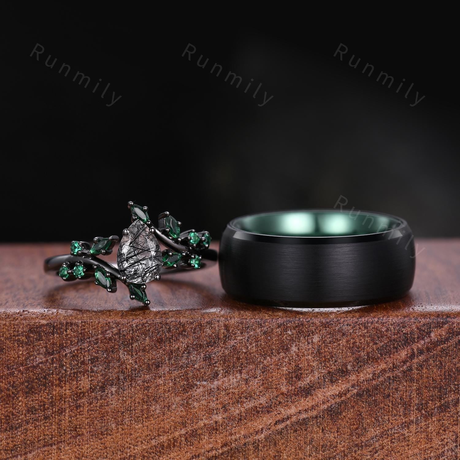Pear cut black rutilated quartz couples ring vintage emerald twig ring black gold rings unique green and black His and Hers wedding ring set