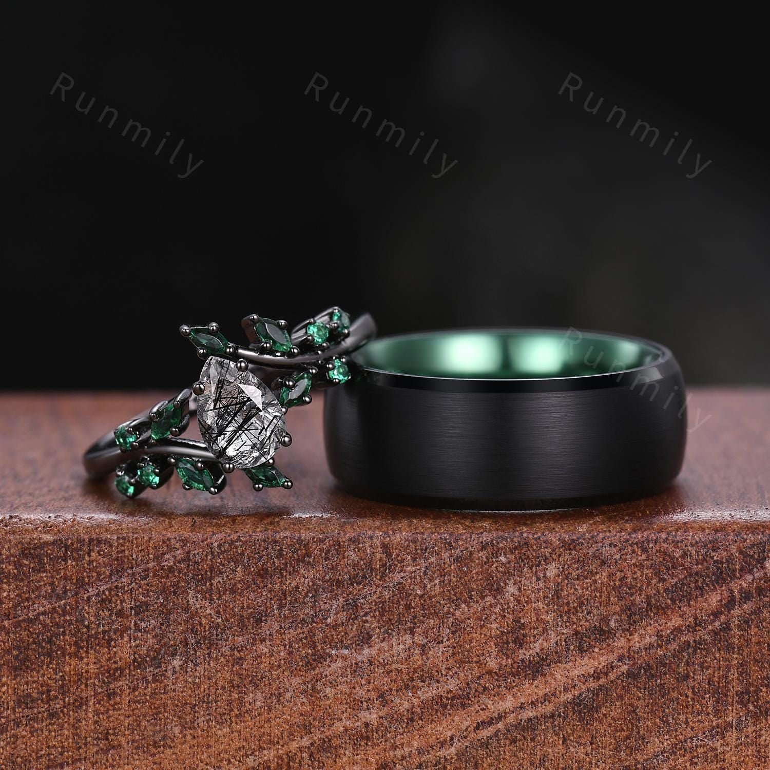 Pear cut black rutilated quartz couples ring vintage emerald twig ring black gold rings unique green and black His and Hers wedding ring set
