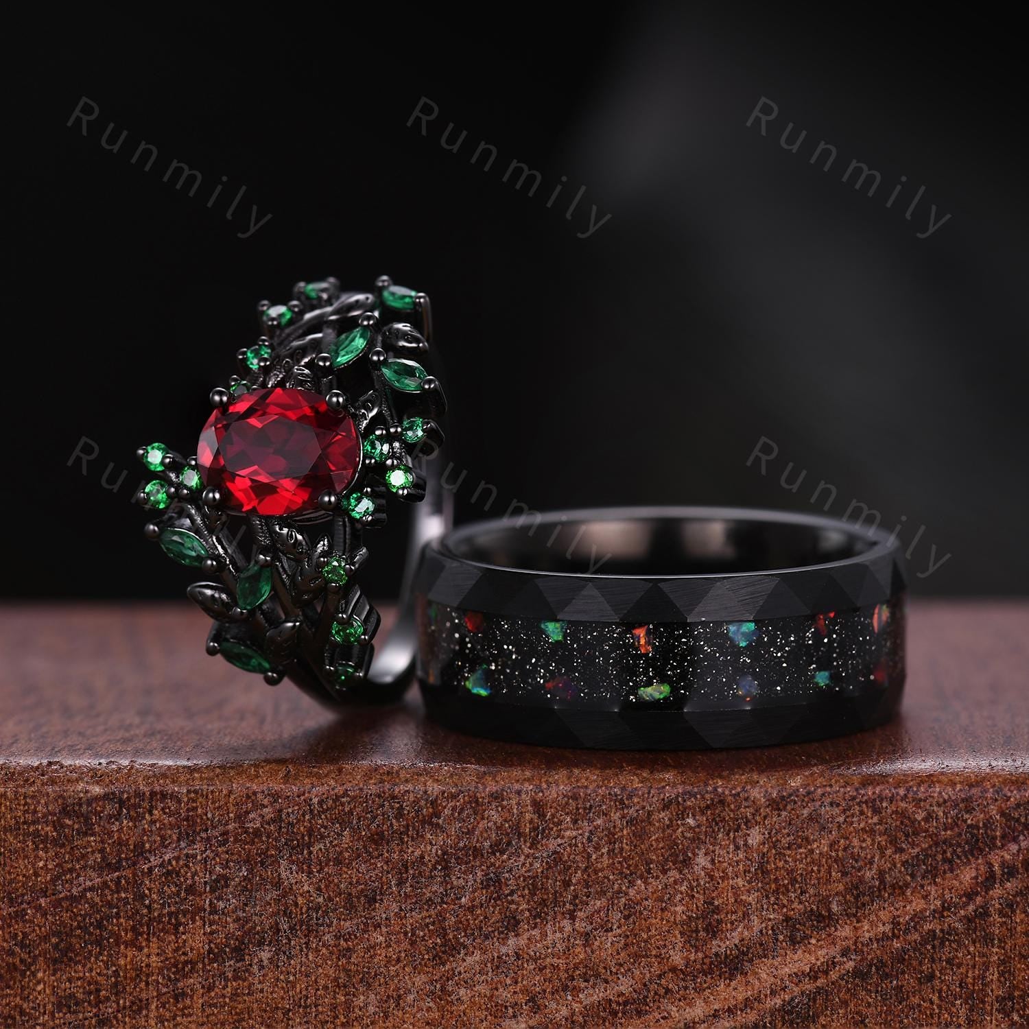 Nature inspired ruby and emerald couples ring vintage black gold His and Hers wedding band outer space Mens ring twig leaf bridal ring