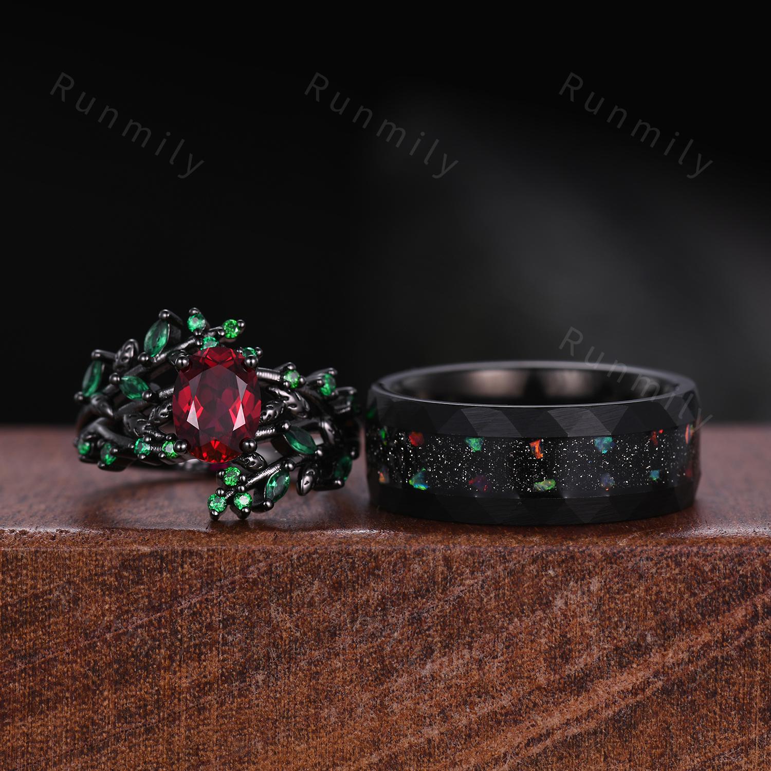 Nature inspired ruby and emerald couples ring vintage black gold His and Hers wedding band outer space Mens ring twig leaf bridal ring