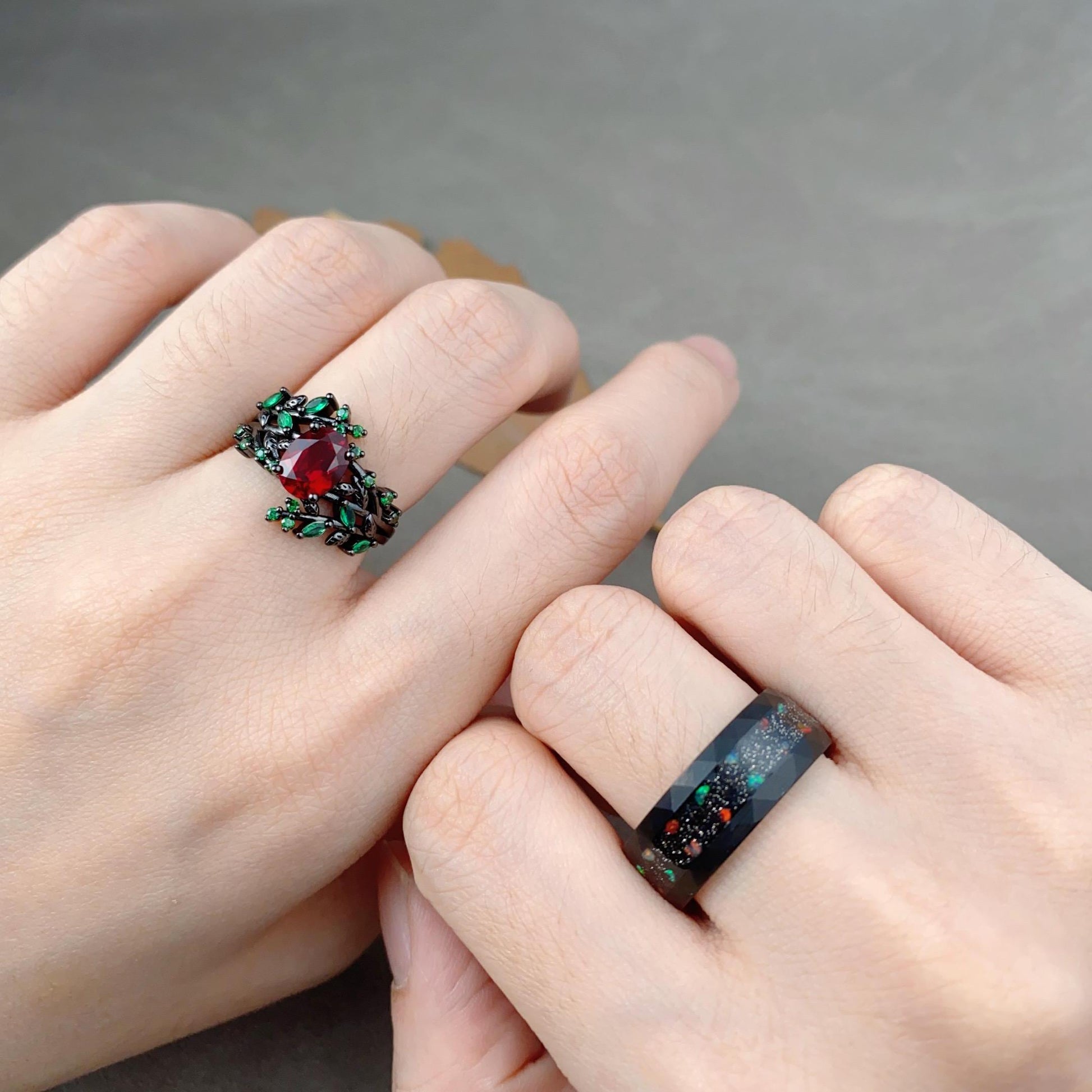 Nature inspired ruby and emerald couples ring vintage black gold His and Hers wedding band outer space Mens ring twig leaf bridal ring