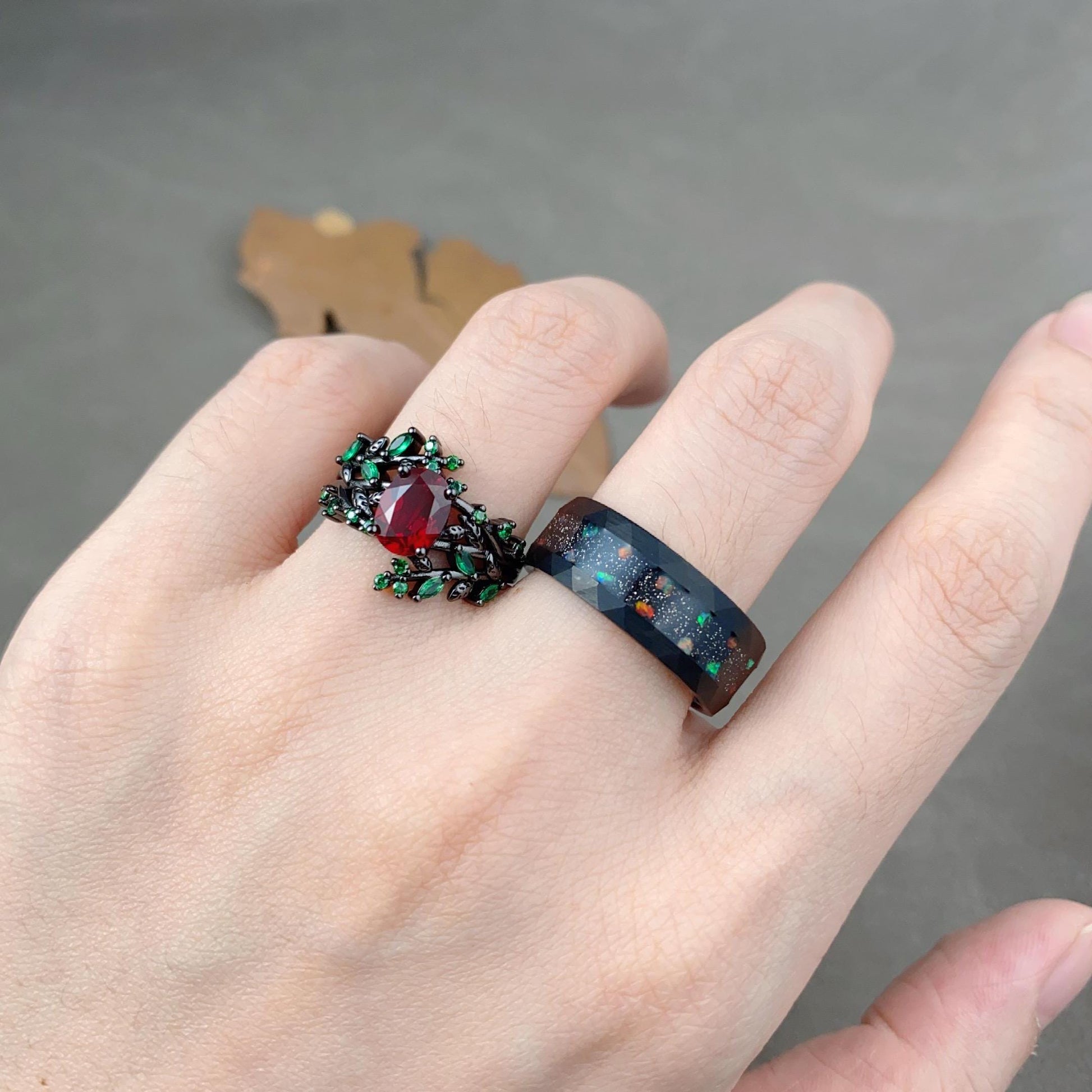 Nature inspired ruby and emerald couples ring vintage black gold His and Hers wedding band outer space Mens ring twig leaf bridal ring