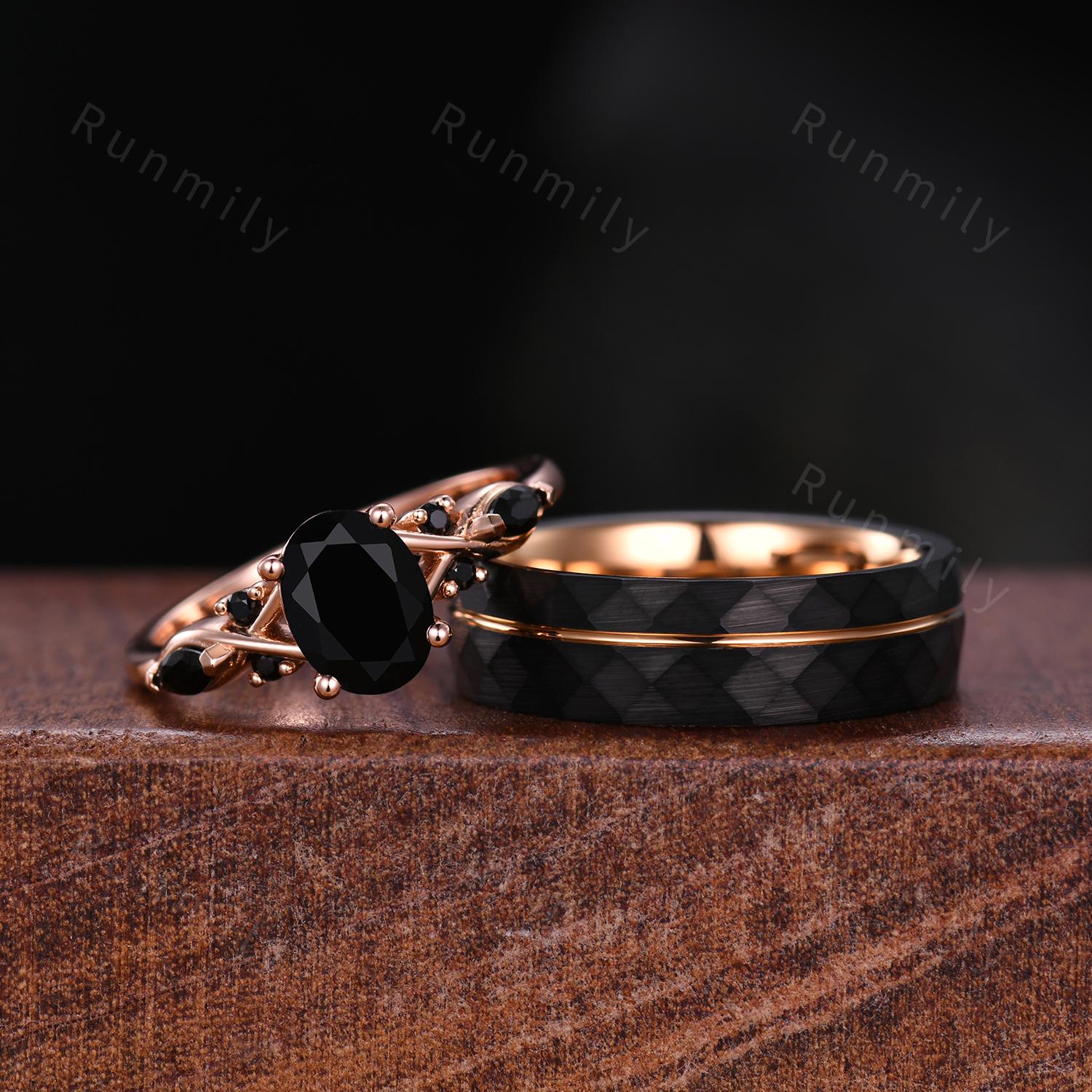 Vintage Oval Black Onyx Couples Ring Rose Gold Matching Ring Set His and Hers Wedding Band Promise Ring For Men For Women Black Stone Ring