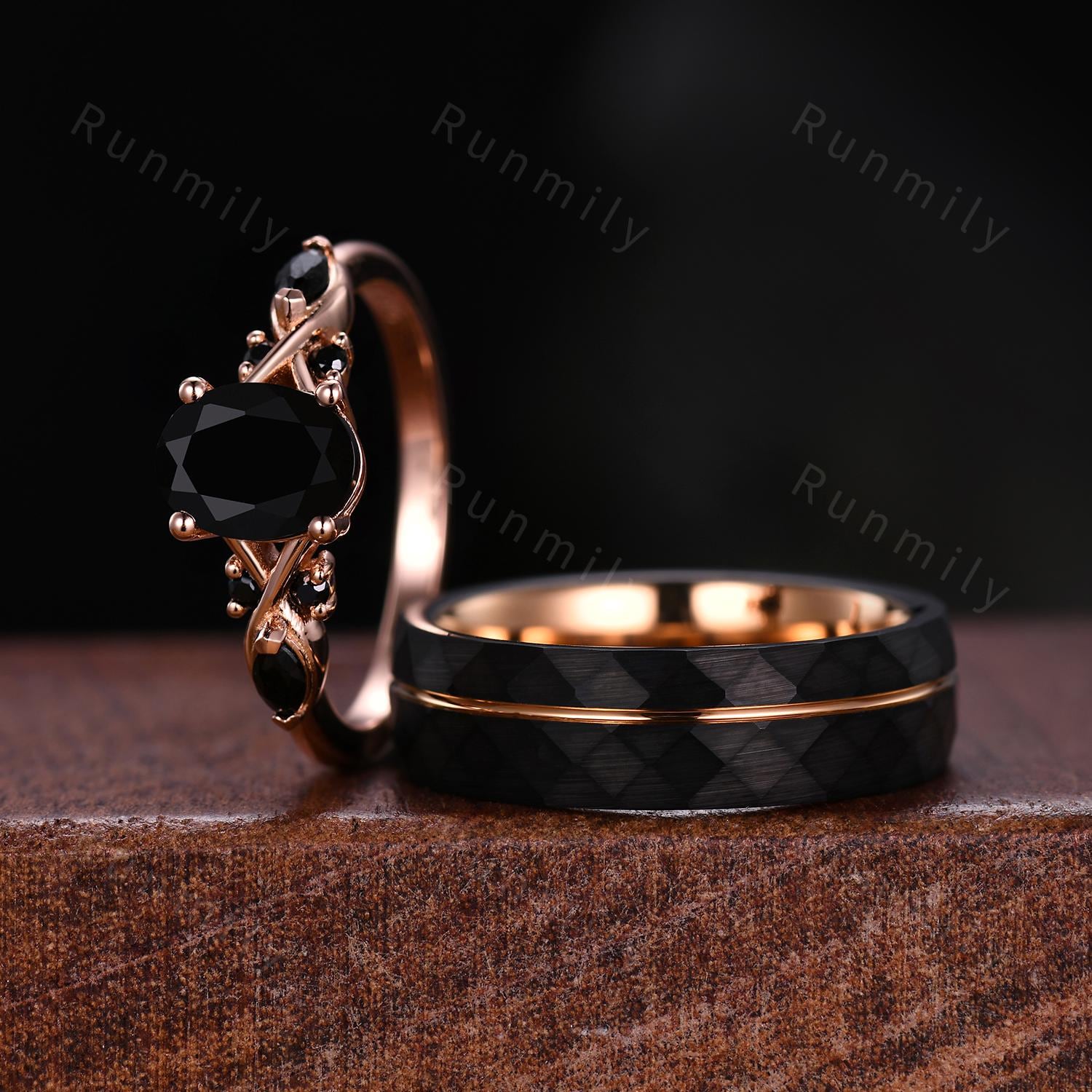 Vintage Oval Black Onyx Couples Ring Rose Gold Matching Ring Set His and Hers Wedding Band Promise Ring For Men For Women Black Stone Ring