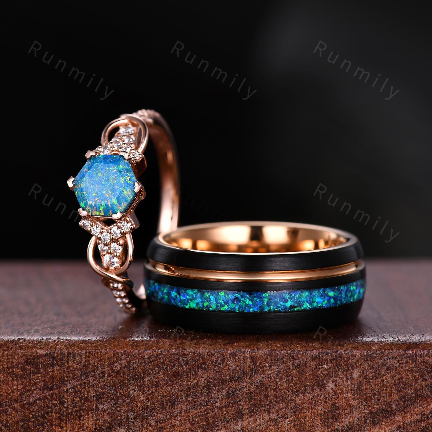 Vintage Blue Opal Couples Ring Rose Gold Matching Ring Set His and Hers Wedding Band Mens Opal Ring October Birthstone Couple Promise Rings