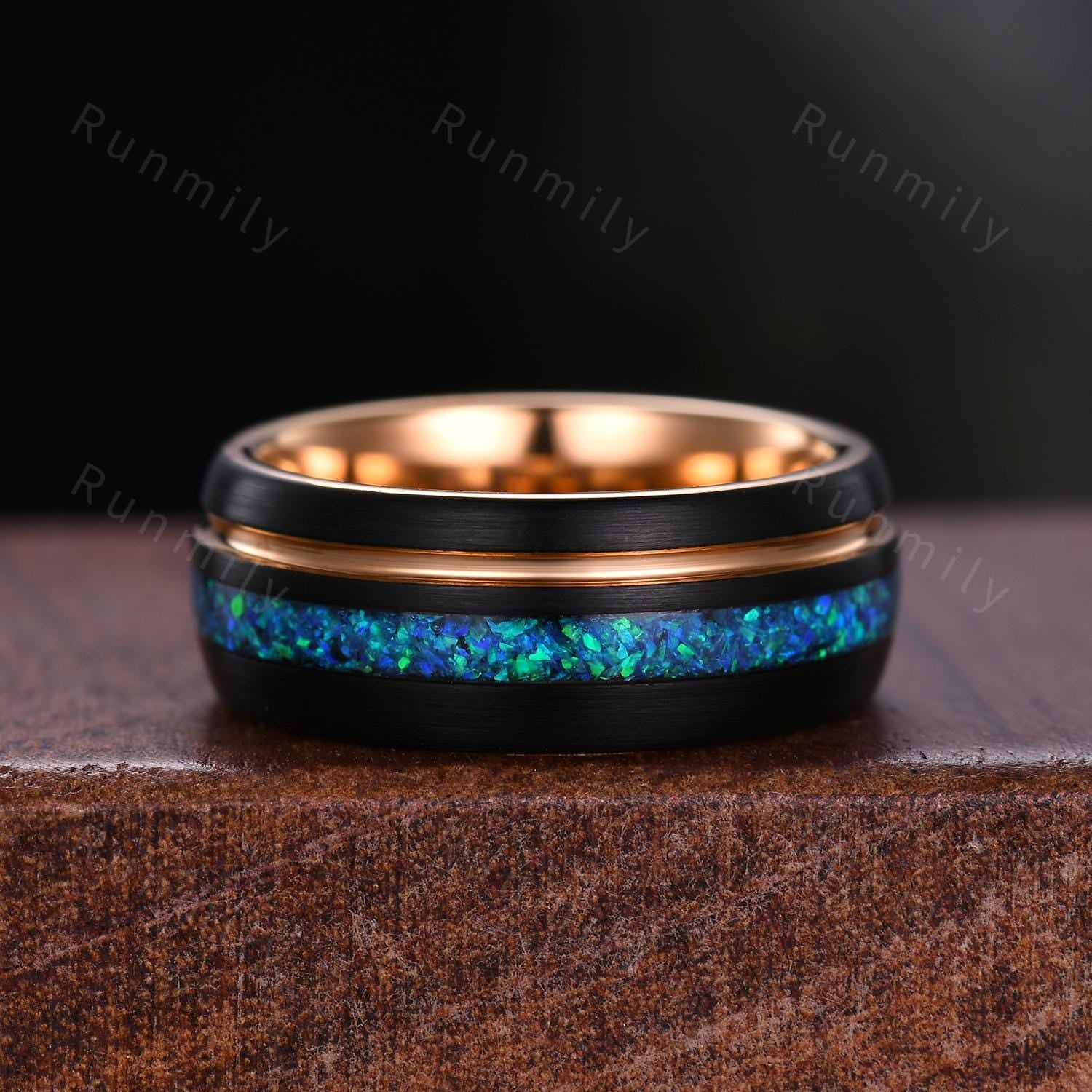 Vintage Blue Opal Couples Ring Rose Gold Matching Ring Set His and Hers Wedding Band Mens Opal Ring October Birthstone Couple Promise Rings