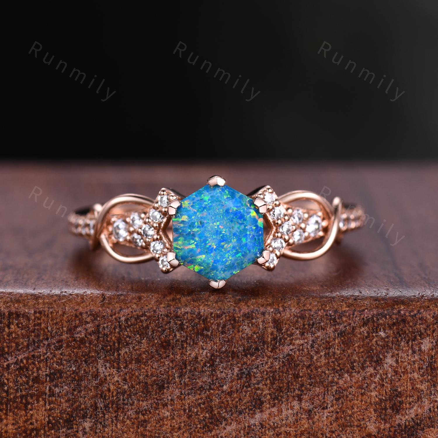 Vintage Blue Opal Couples Ring Rose Gold Matching Ring Set His and Hers Wedding Band Mens Opal Ring October Birthstone Couple Promise Rings
