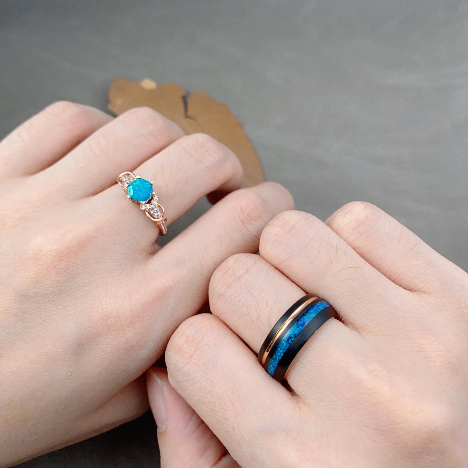 Vintage Blue Opal Couples Ring Rose Gold Matching Ring Set His and Hers Wedding Band Mens Opal Ring October Birthstone Couple Promise Rings