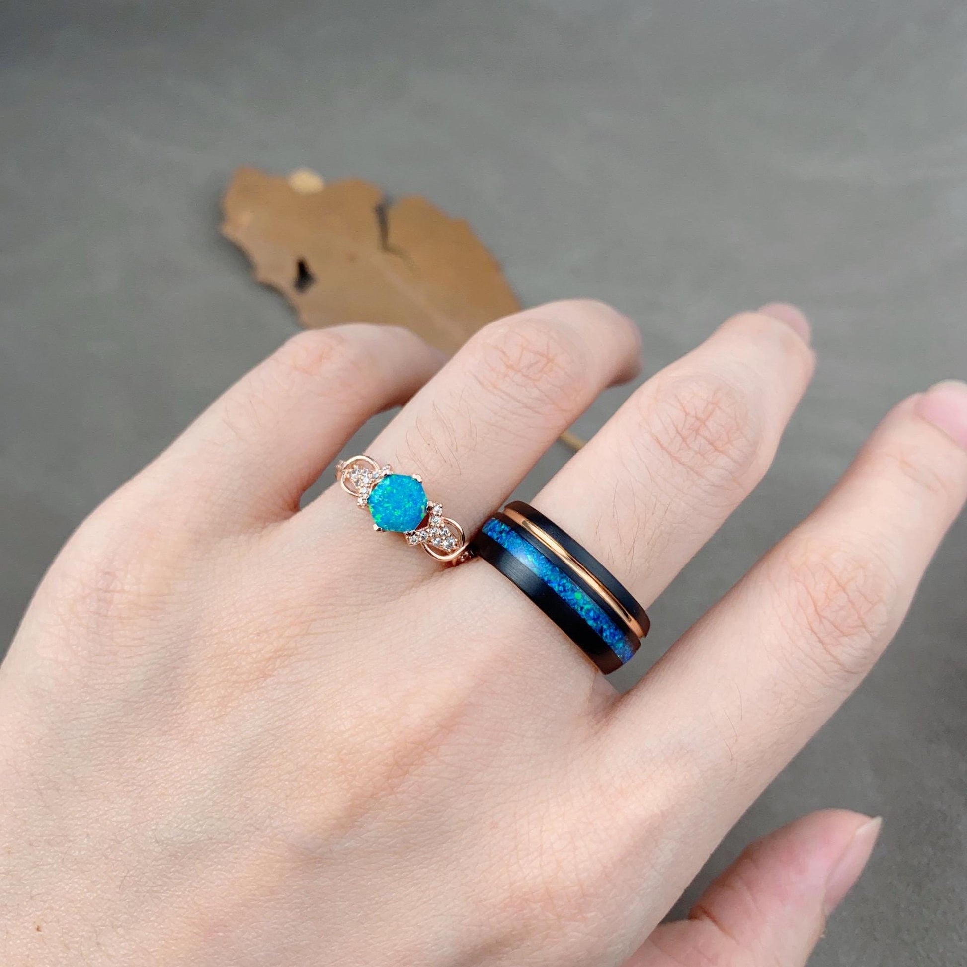 Vintage Blue Opal Couples Ring Rose Gold Matching Ring Set His and Hers Wedding Band Mens Opal Ring October Birthstone Couple Promise Rings