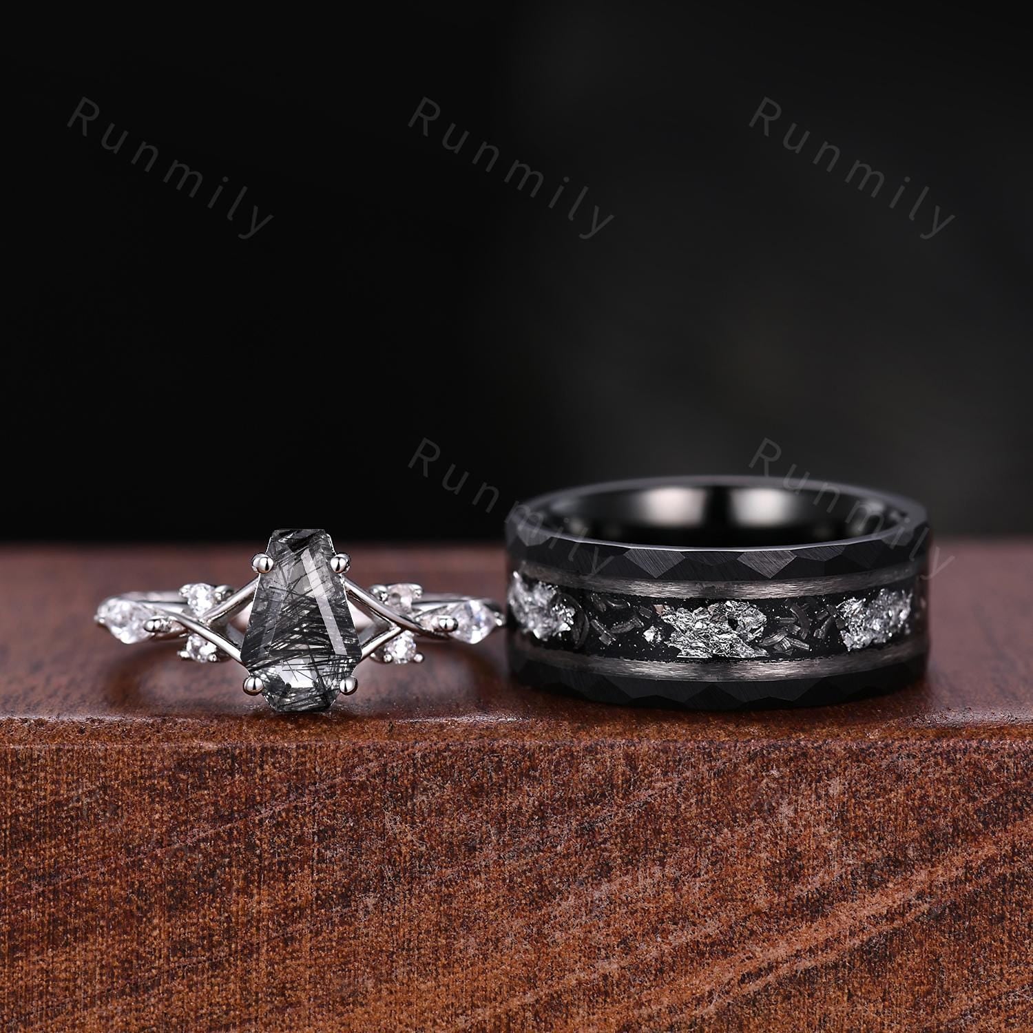 Coffin cut Black Rutilated Quartz Couple Ring Silver Matching Ring Set His and Hers Wedding Band Natural Black Gemstone Couples Ring Gift