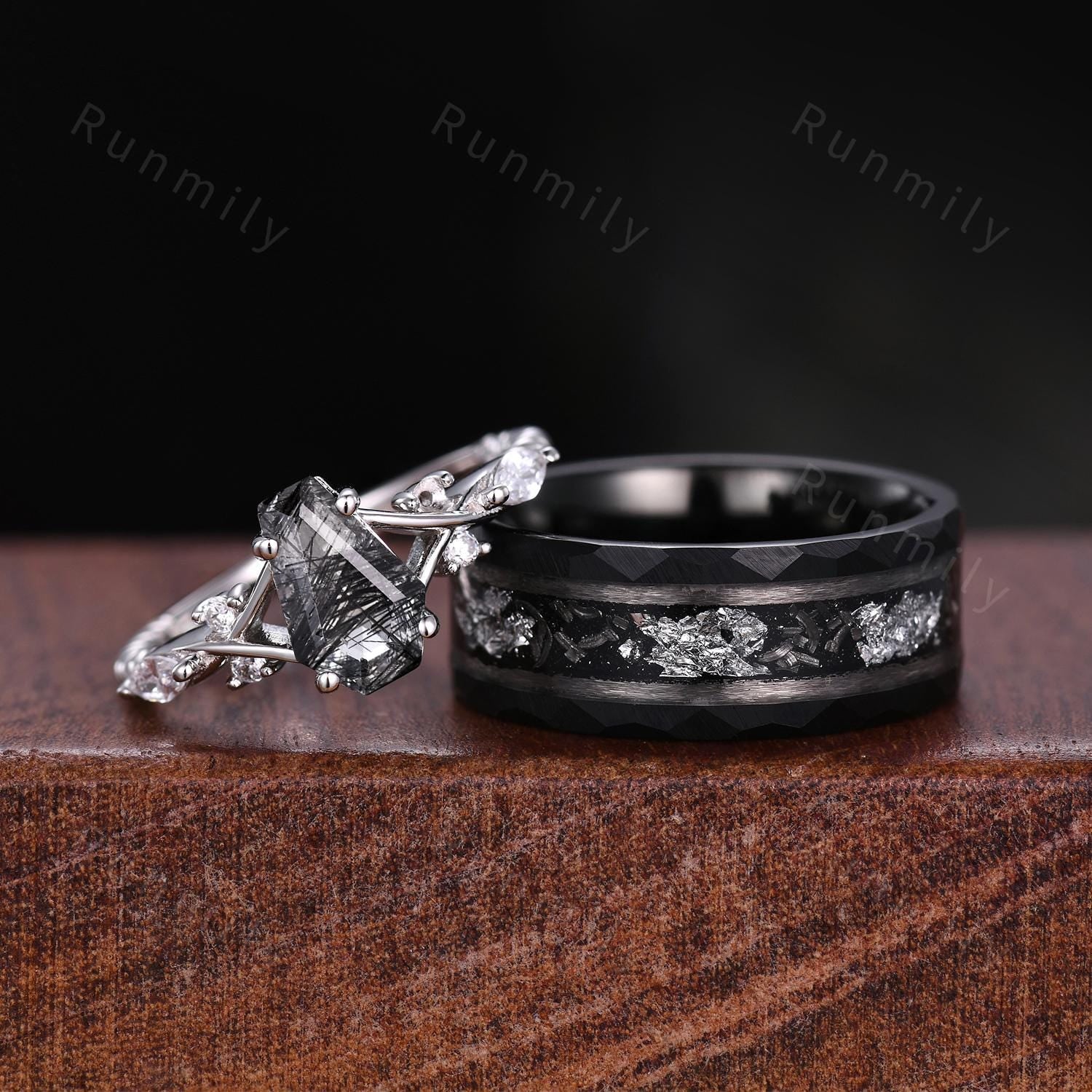 Coffin cut Black Rutilated Quartz Couple Ring Silver Matching Ring Set His and Hers Wedding Band Natural Black Gemstone Couples Ring Gift