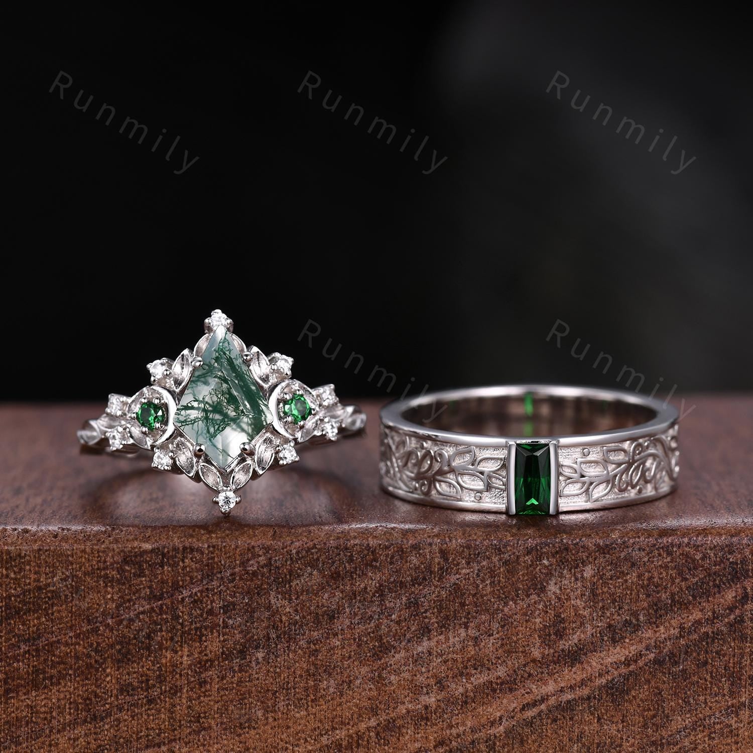 Antique Natural Moss Agate Couples Ring Set Silver Promise Ring For Men For Women Vintage His and Hers Wedding Band Mens Emerald Ring