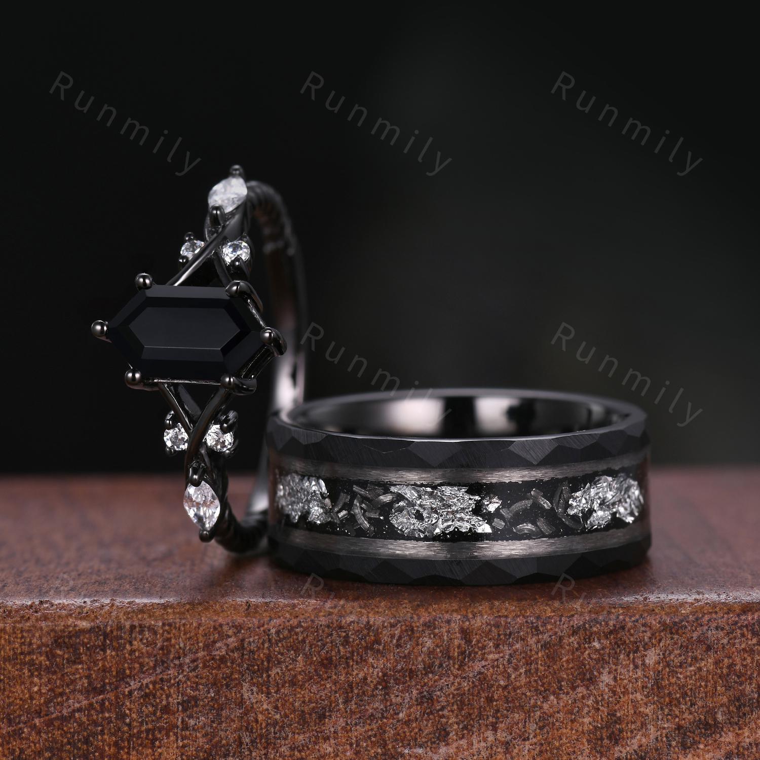 Vintage Black Onyx Couples Ring Black Gold Matching Ring Set His and Hers Wedding Band Mens Tungsten Ring Unique Promise Ring Set