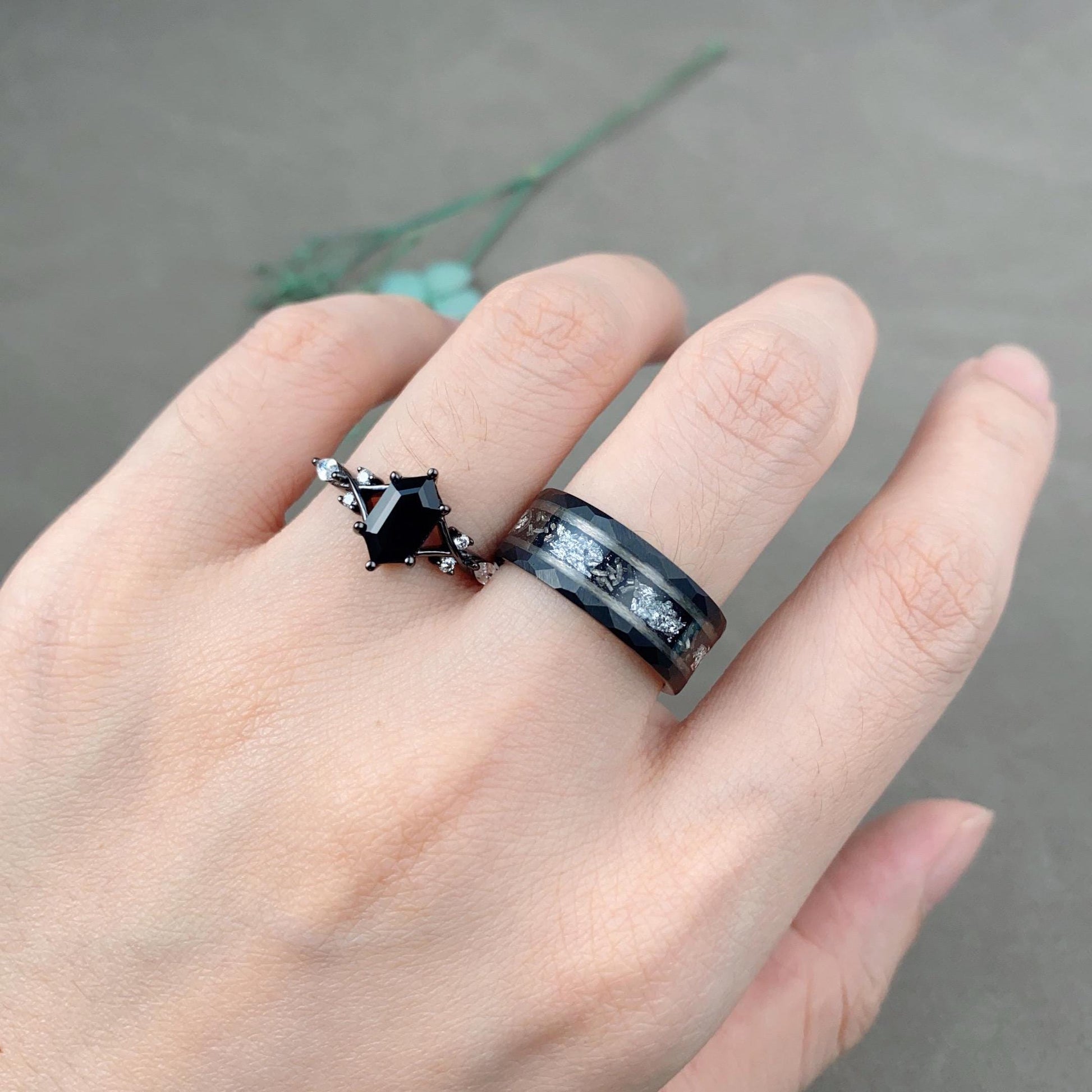 Vintage Black Onyx Couples Ring Black Gold Matching Ring Set His and Hers Wedding Band Mens Tungsten Ring Unique Promise Ring Set