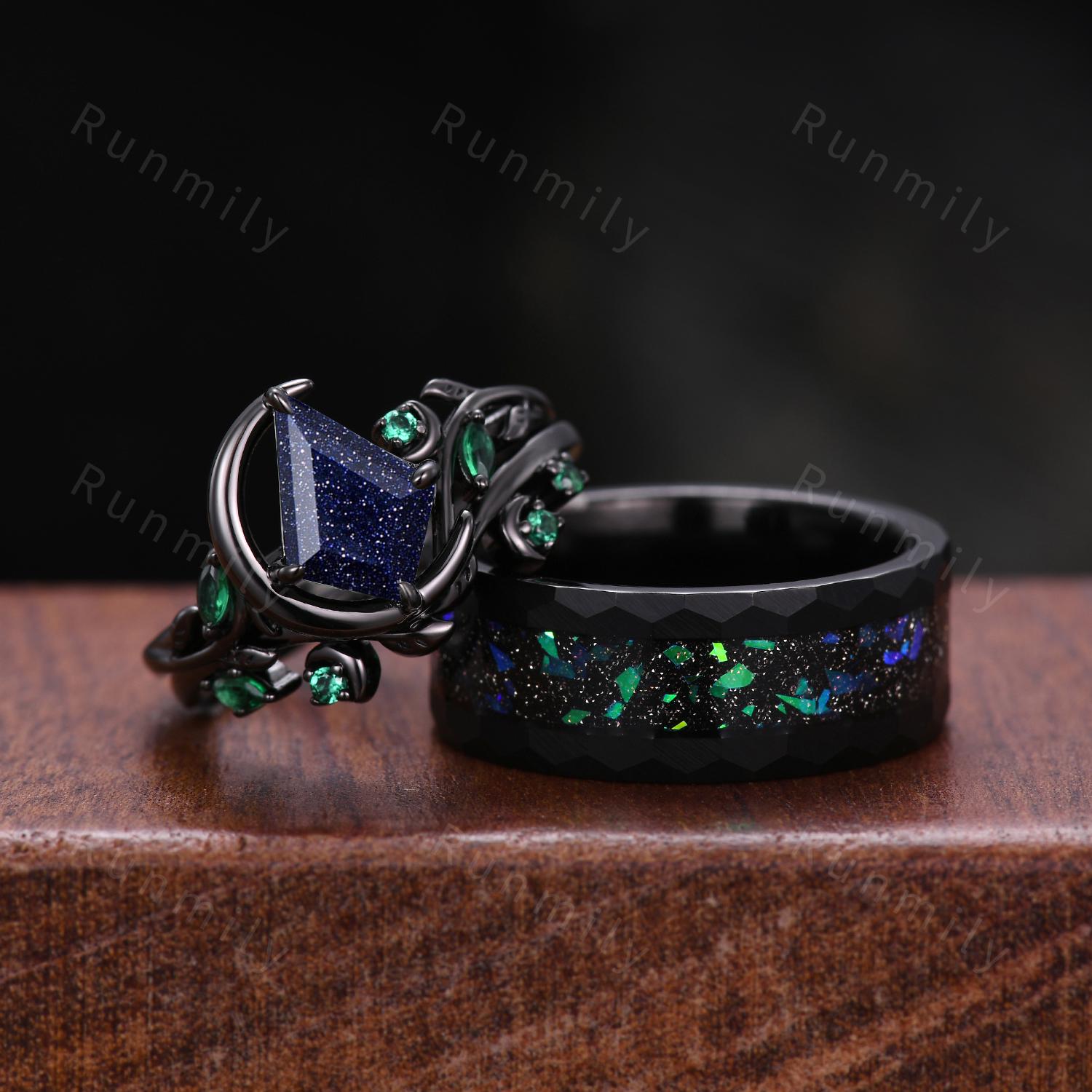 Crescent moon blue sandstone couples ring set gothic black gold His and Hers wedding band unique emerald cluster ring Mens tungsten ring