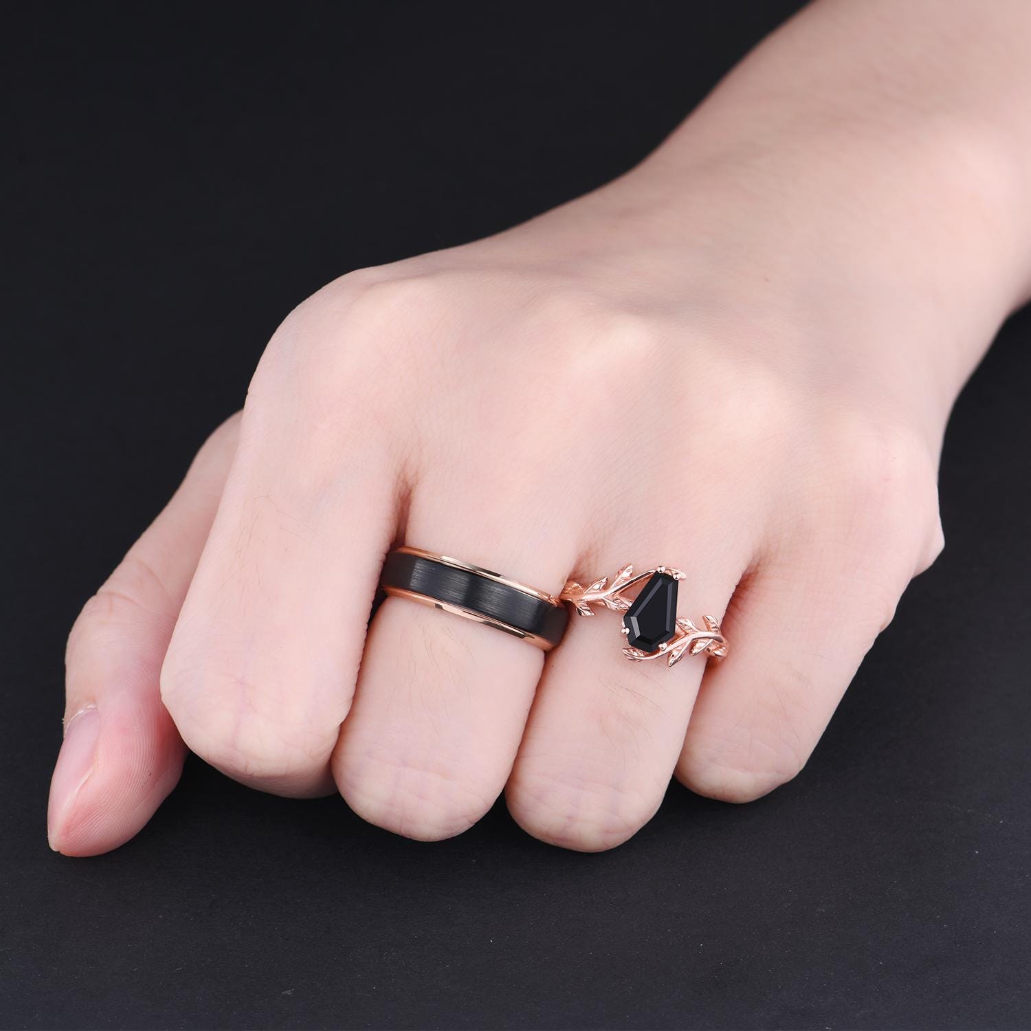Coffin cut Black Onyx Couples Ring Rose Gold Wedding Ring Set His and Hers Wedding Band Mens Black Gold Ring Women Nature Inspired Ring