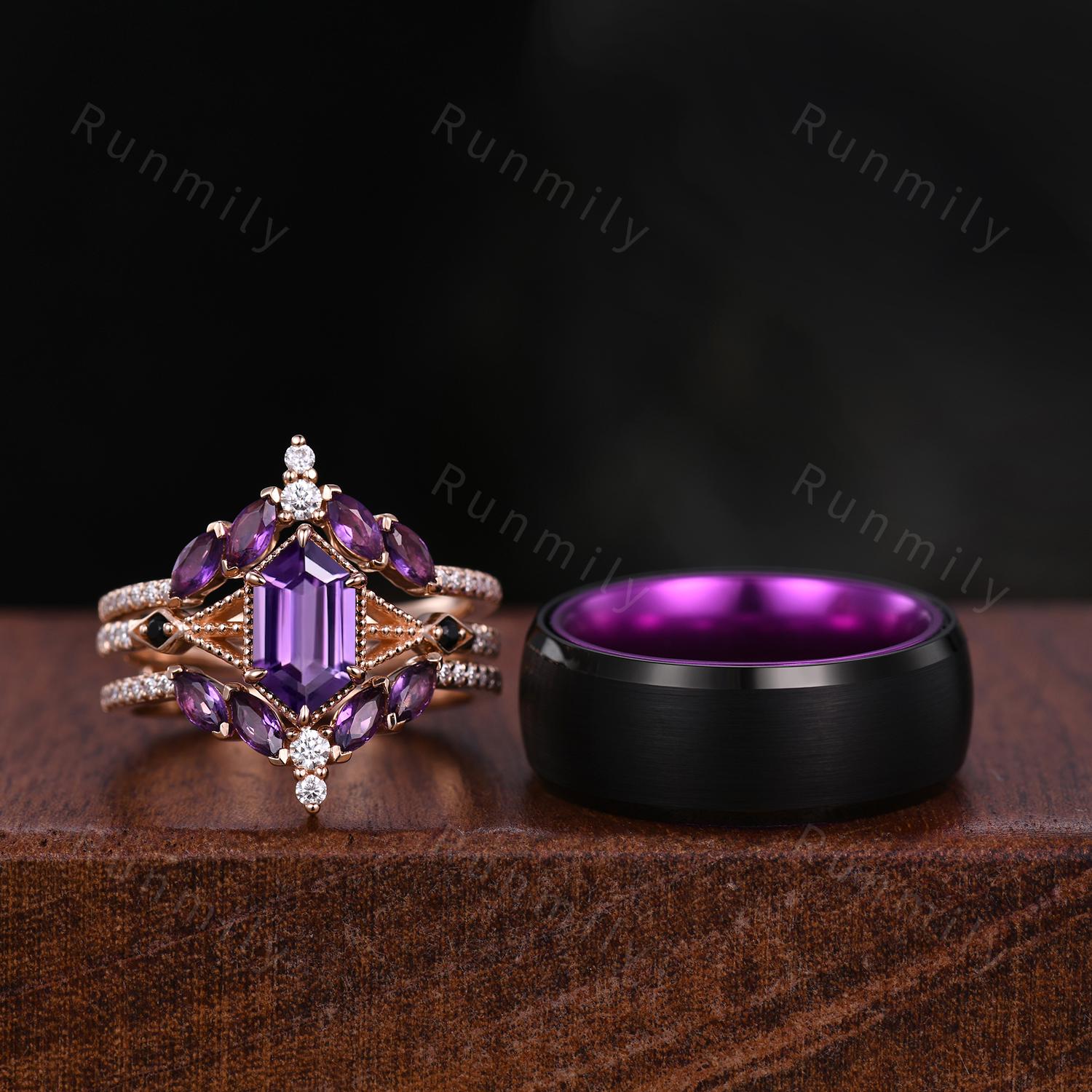 Antique Amethyst Couples Ring Set Vintage Double Curved Amethyst Band Rose Gold His and Her Wedding Band Promise Ring For Men and Women Gift