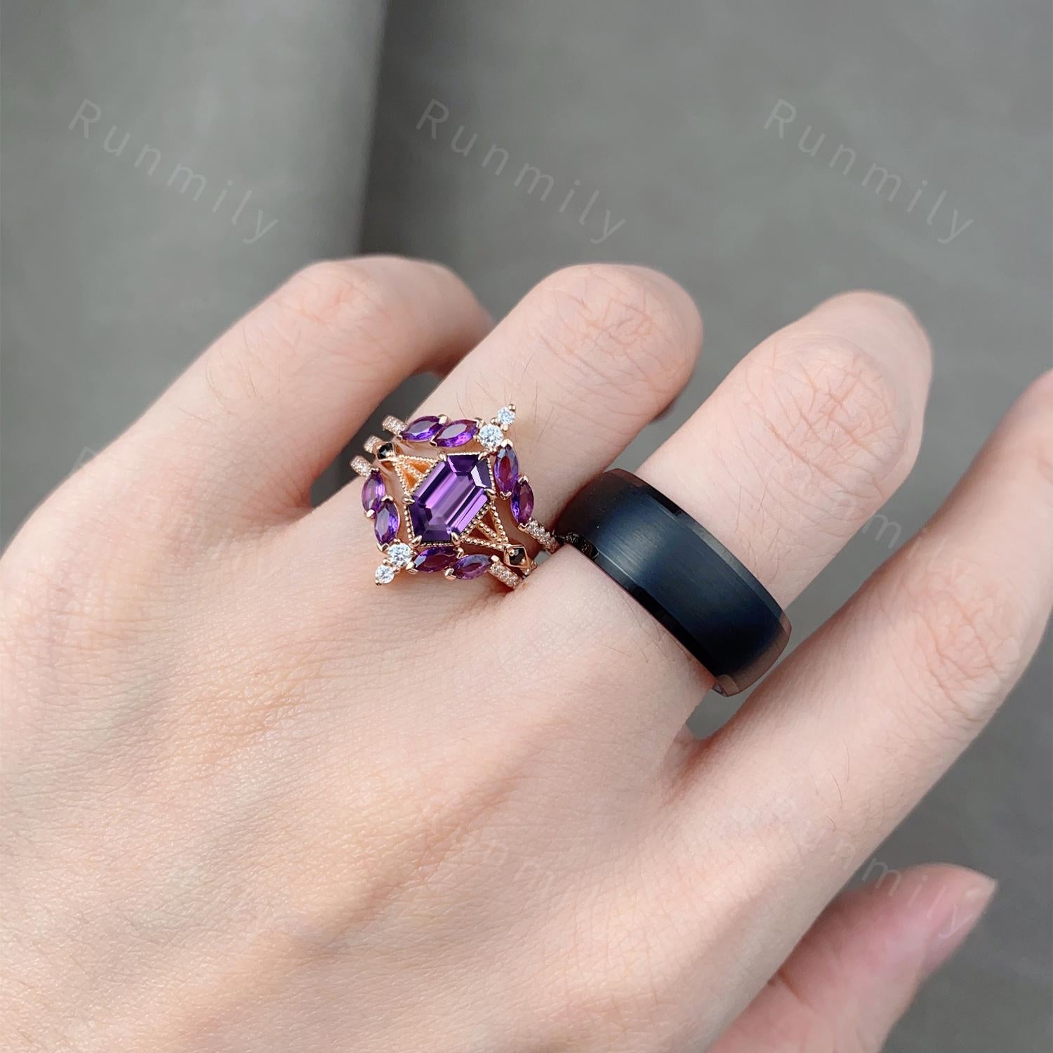 Antique Amethyst Couples Ring Set Vintage Double Curved Amethyst Band Rose Gold His and Her Wedding Band Promise Ring For Men and Women Gift
