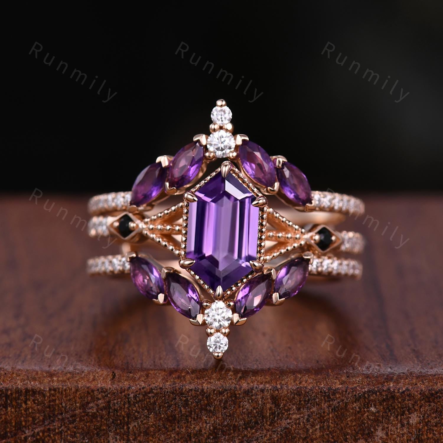 Antique Amethyst Couples Ring Set Vintage Double Curved Amethyst Band Rose Gold His and Her Wedding Band Promise Ring For Men and Women Gift