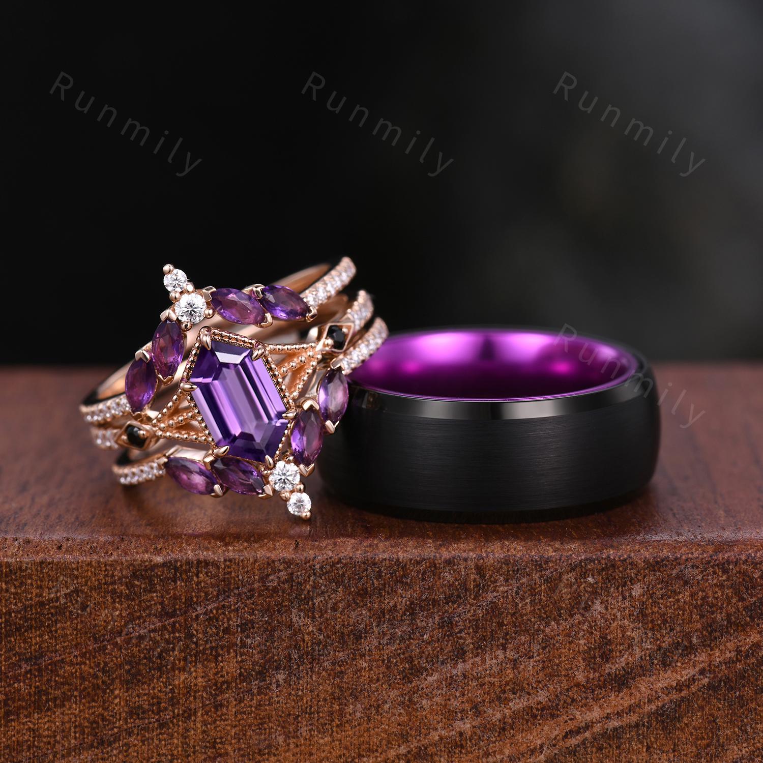 Antique Amethyst Couples Ring Set Vintage Double Curved Amethyst Band Rose Gold His and Her Wedding Band Promise Ring For Men and Women Gift