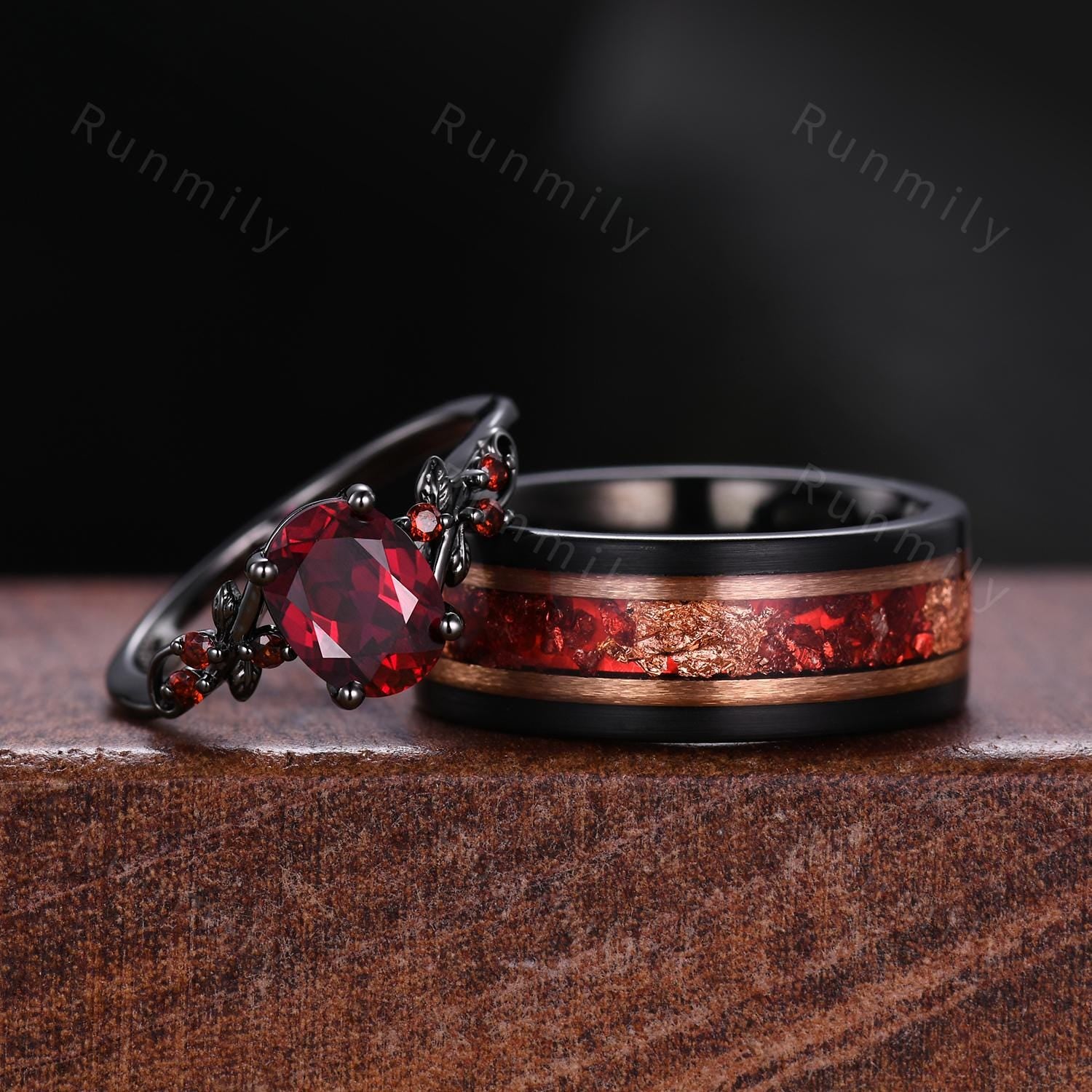 Oval cut Ruby couples ring set black gold matching promise ring vintage His and Hers wedding band Mens ruby ring anniversary ring gifts