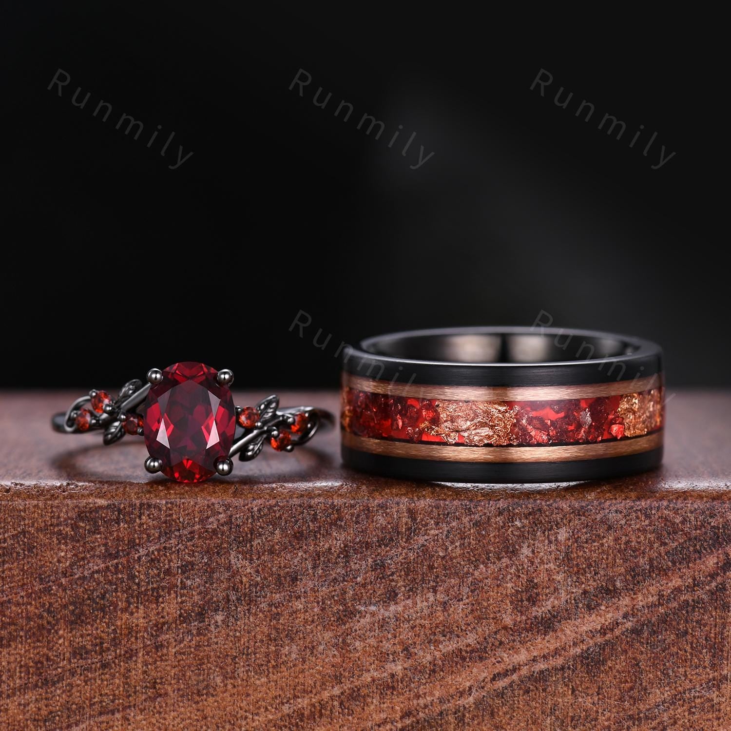 Oval cut Ruby couples ring set black gold matching promise ring vintage His and Hers wedding band Mens ruby ring anniversary ring gifts