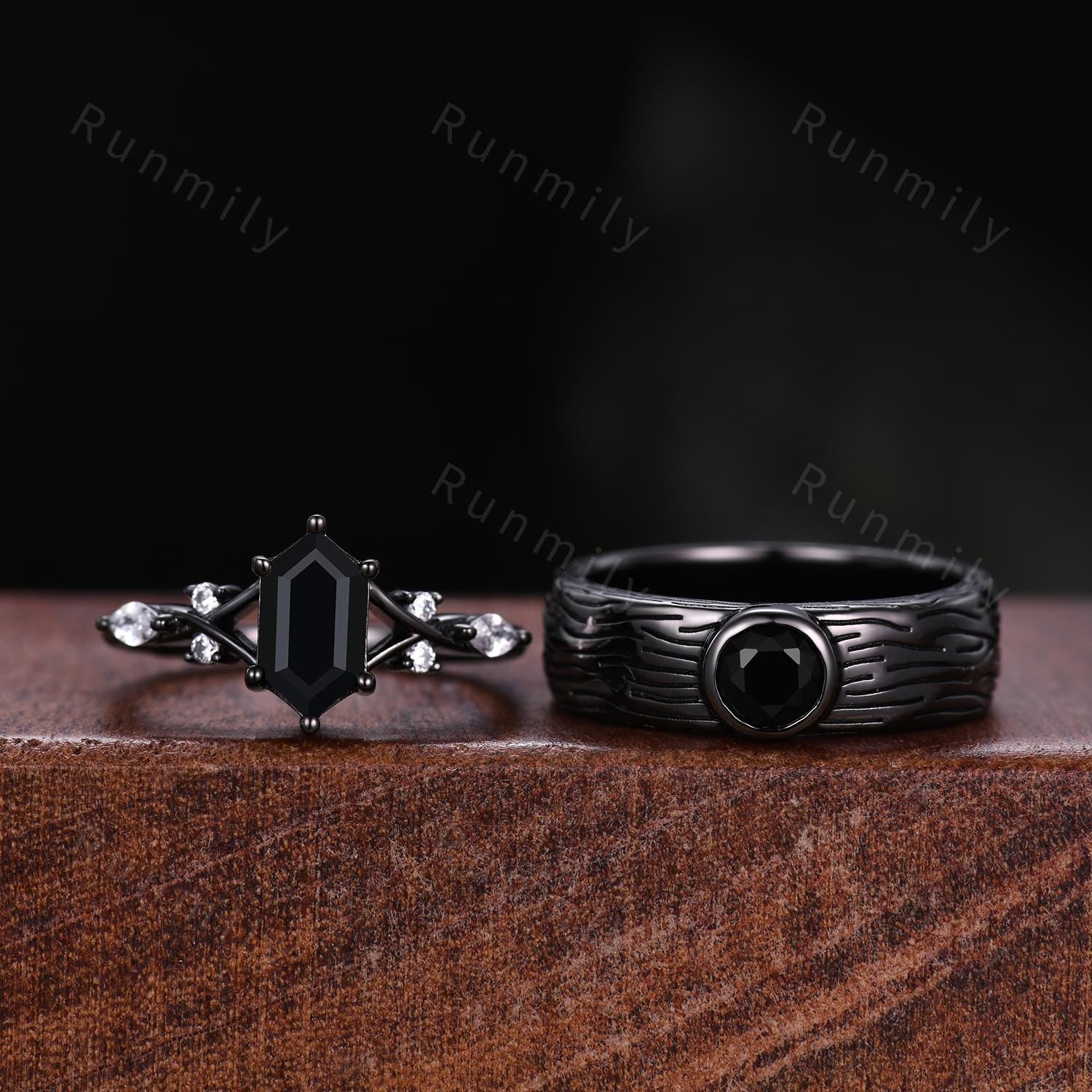 Gothic Black Onyx Couples Ring Set Black Gold Promise Ring For Men For Women Vintage His and Hers Wedding Band Mens Engagement Ring Gift