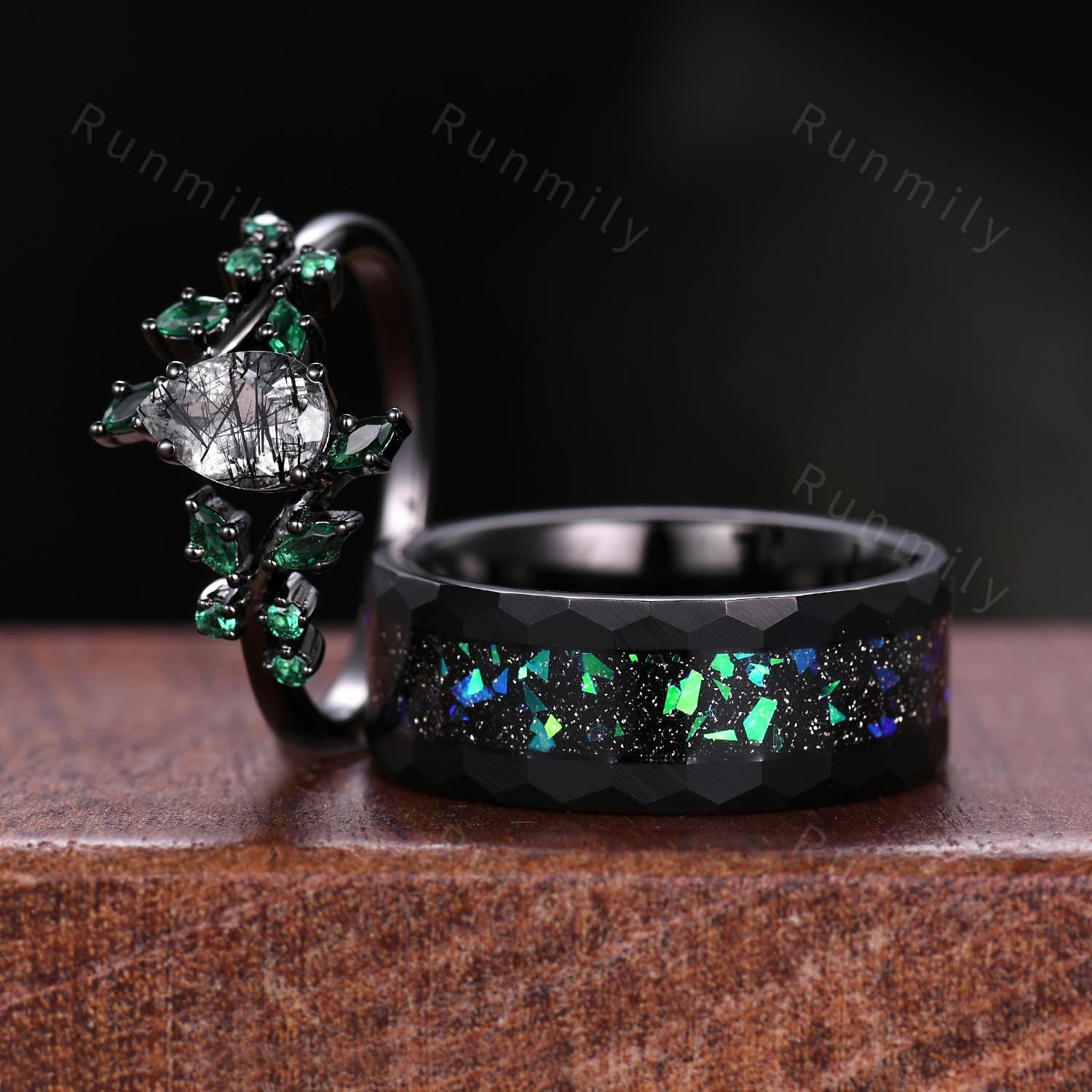 Black rutilated quartz couples ring set black gold matching promise rings His and Hers wedding band Mens fire opal ring anniversary gifts