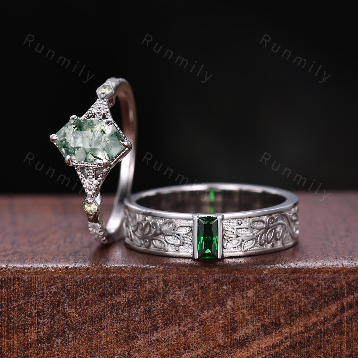 Natural Moss Agate Emerald Couples Ring Set Vintage Promise Ring For Men For Women Nature Inspired His and Hers Wedding Band Platinum Rings