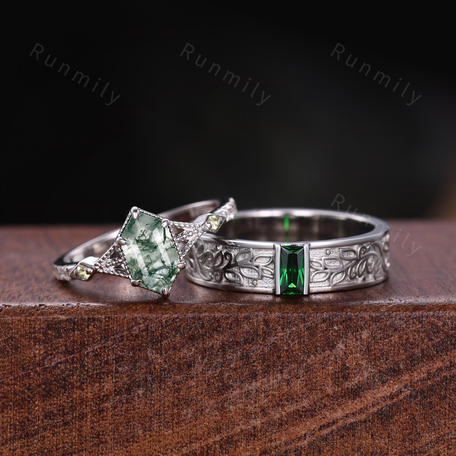 Natural Moss Agate Emerald Couples Ring Set Vintage Promise Ring For Men For Women Nature Inspired His and Hers Wedding Band Platinum Rings