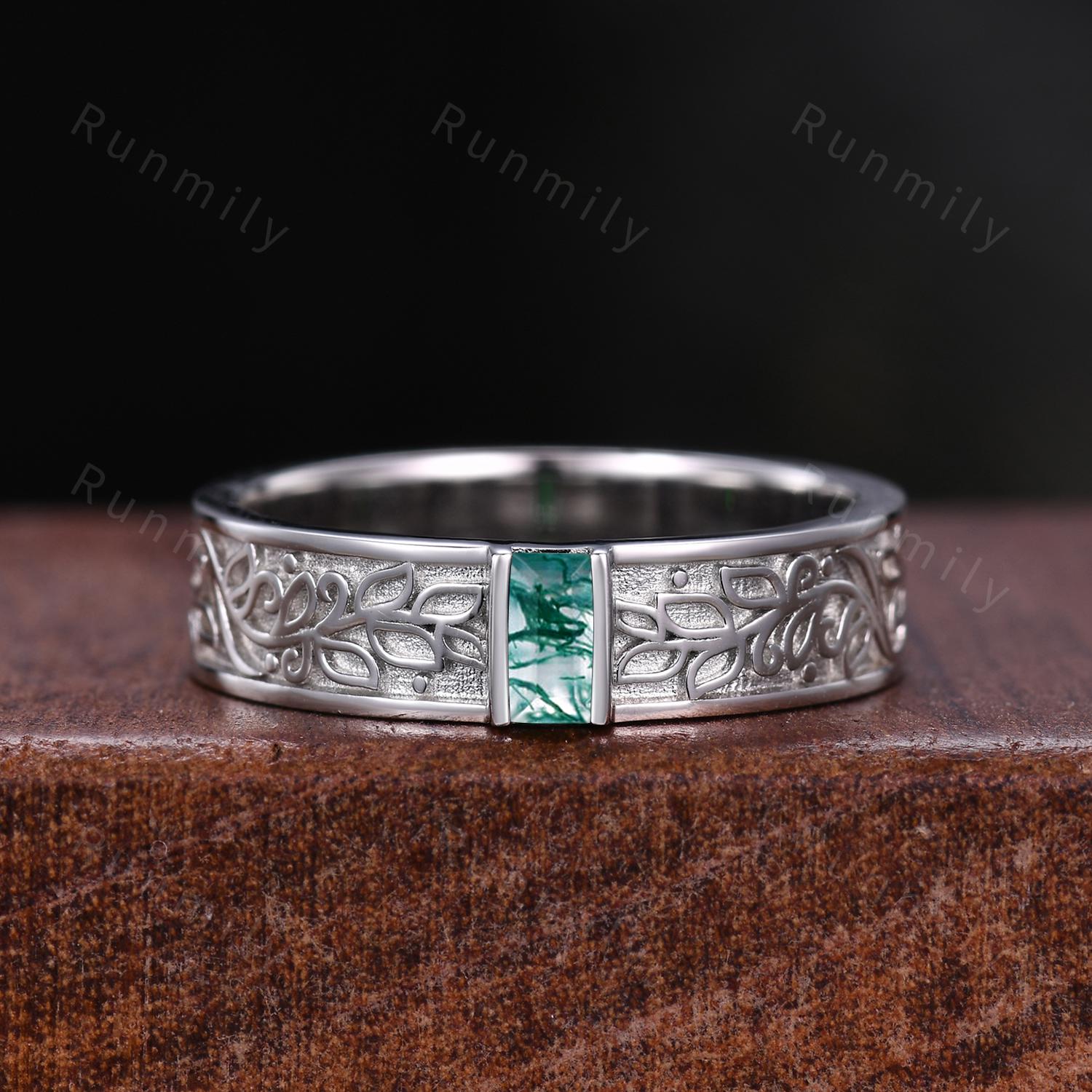 Antique Natural Moss Agate Couples Ring Set Leaf Style Promise Ring For Men For Women Vintage His and Hers Wedding Band Mens Baguette Ring